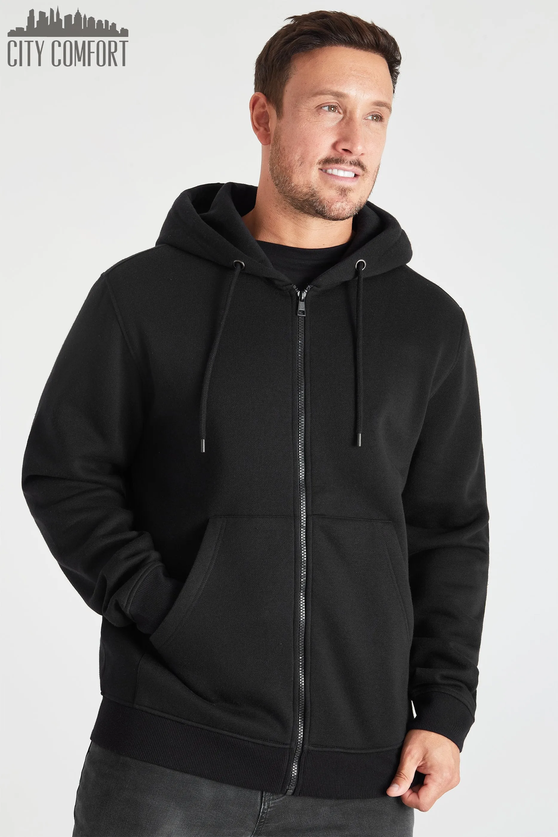 CityComfort Mens Plain Zip Up Hoodie, BLACK Hooded Sweatshirt Zipped Jumper