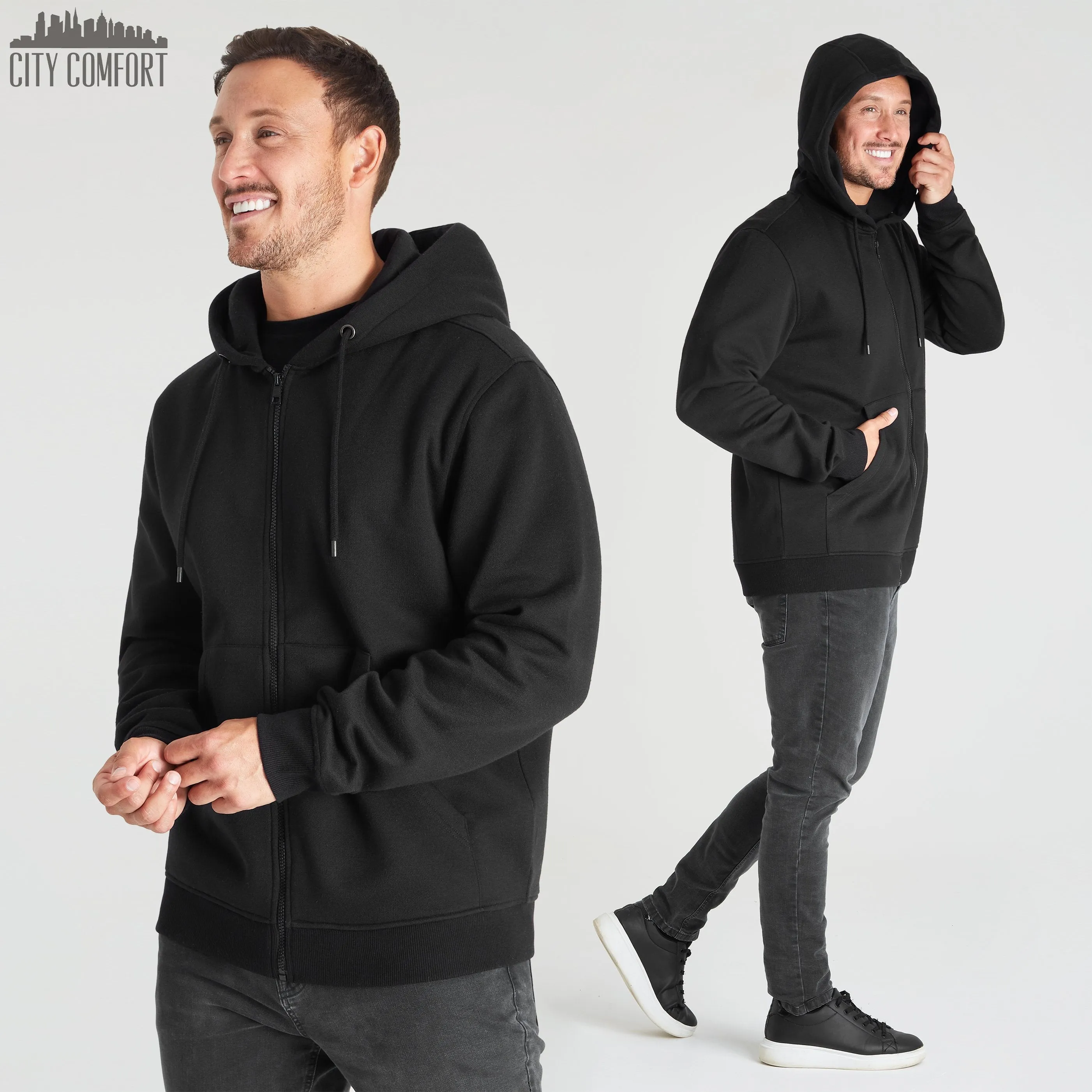 CityComfort Mens Plain Zip Up Hoodie, BLACK Hooded Sweatshirt Zipped Jumper