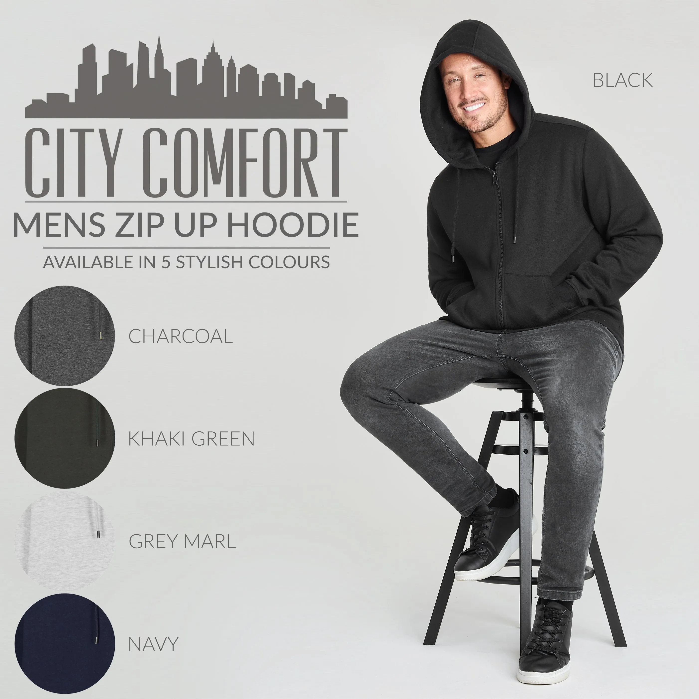 CityComfort Mens Plain Zip Up Hoodie, BLACK Hooded Sweatshirt Zipped Jumper