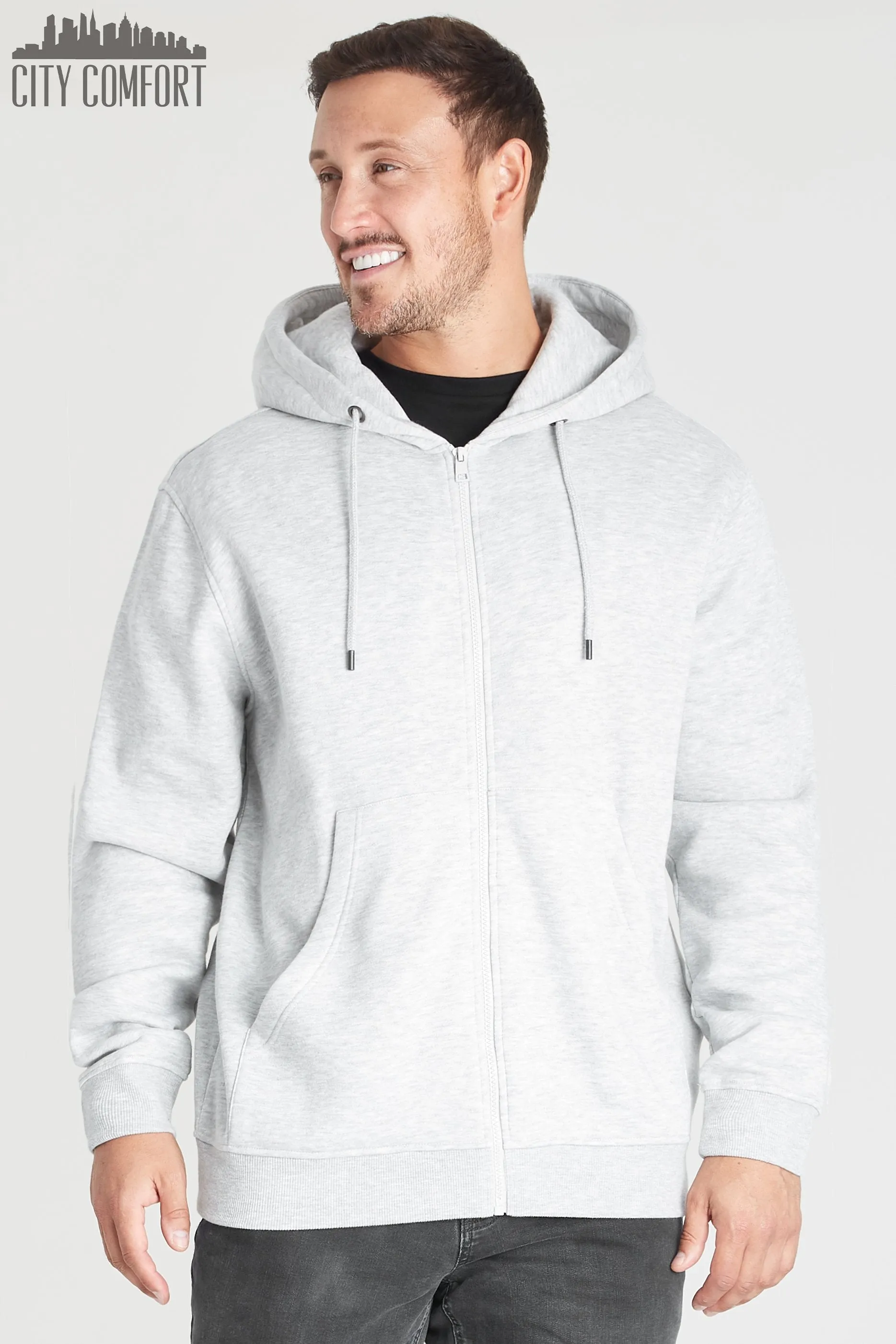 CityComfort Mens Plain Zip Up Hoodie, GREY MARL Hooded Sweatshirt Zipped Jumper