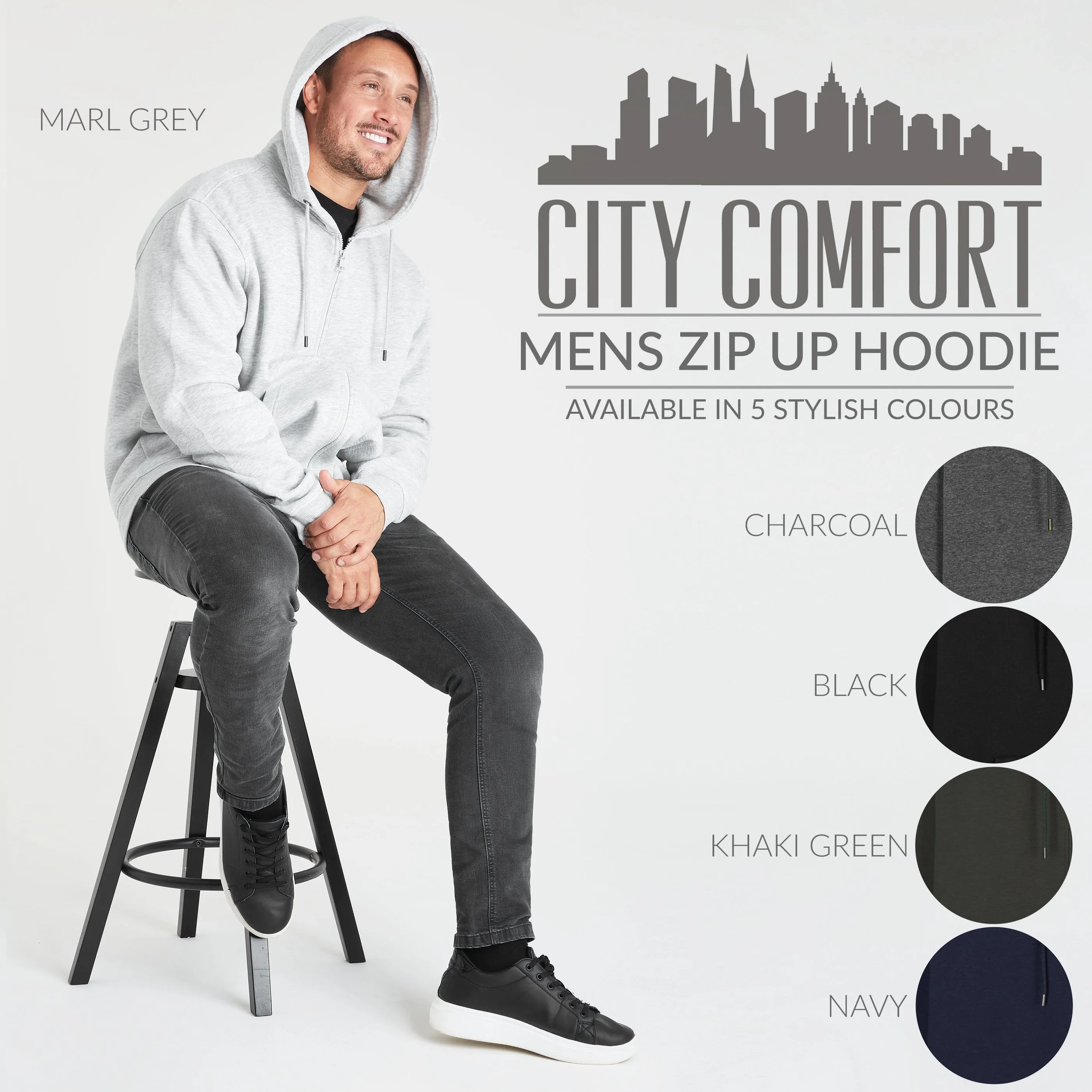 CityComfort Mens Plain Zip Up Hoodie, GREY MARL Hooded Sweatshirt Zipped Jumper