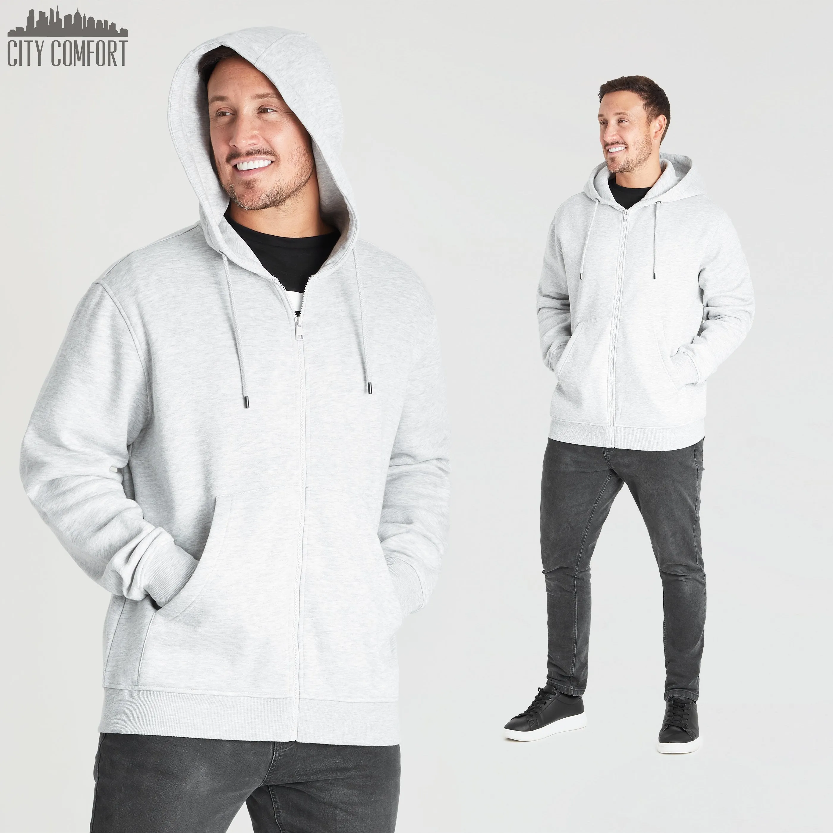 CityComfort Mens Plain Zip Up Hoodie, GREY MARL Hooded Sweatshirt Zipped Jumper