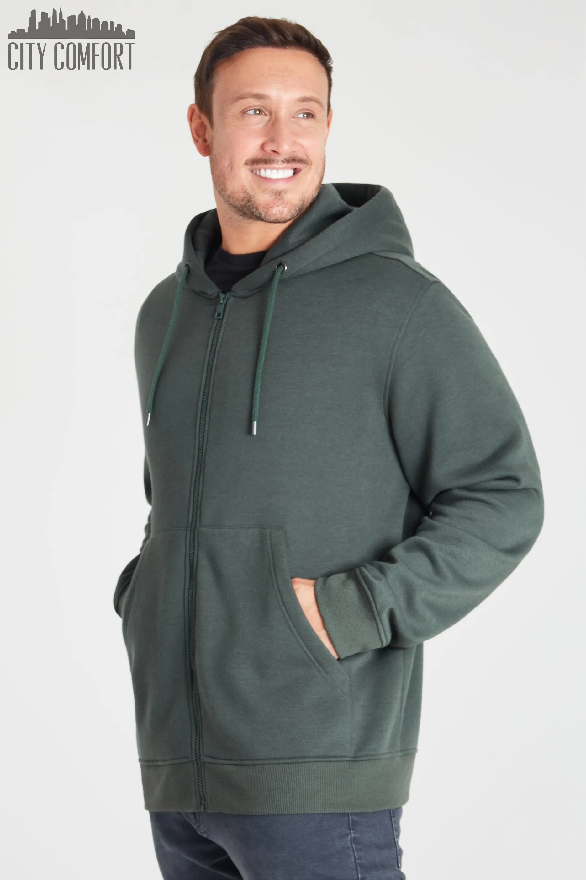 CityComfort Mens Plain Zip Up Hoodie, KHAKI Hooded Sweatshirt Zipped Jumper