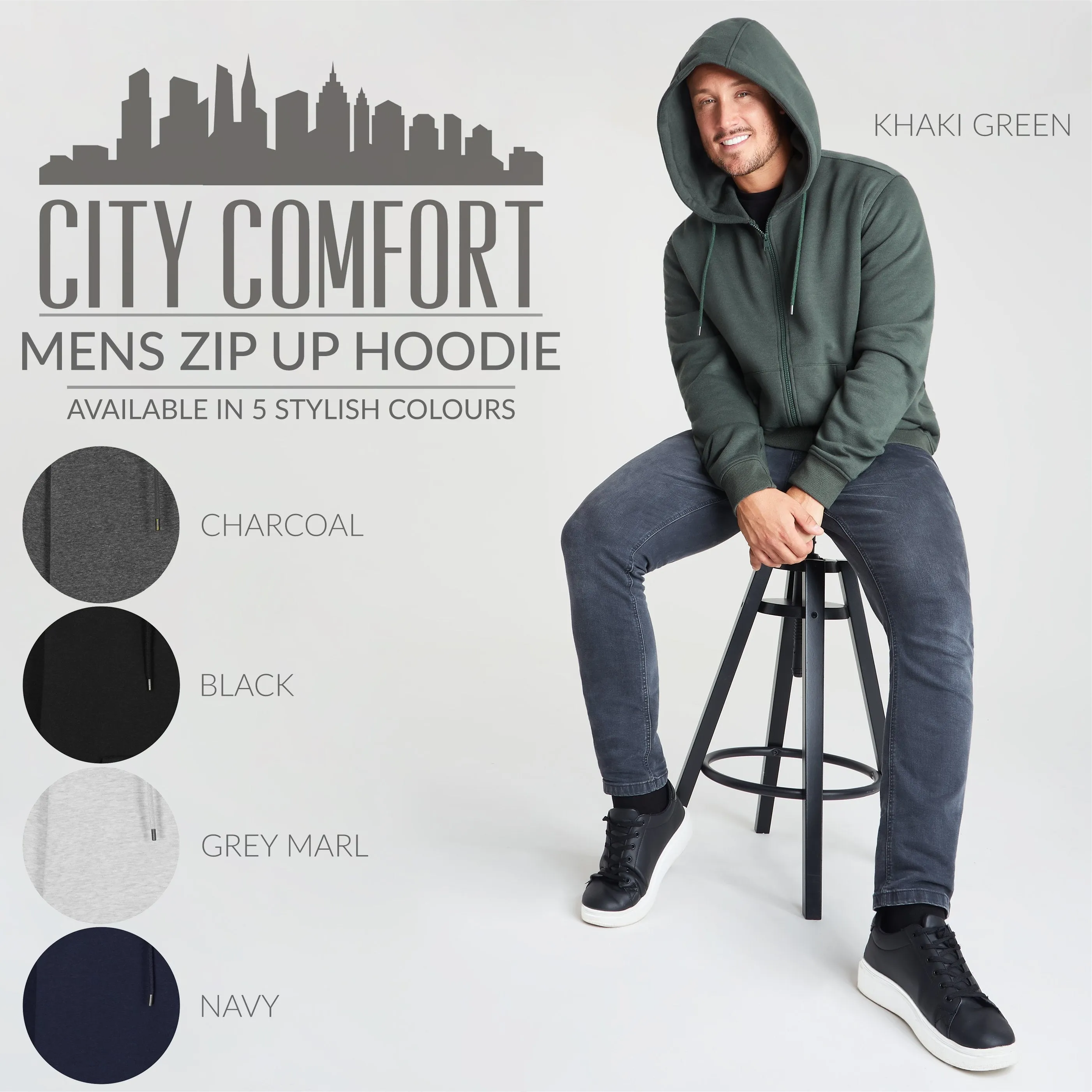 CityComfort Mens Plain Zip Up Hoodie, KHAKI Hooded Sweatshirt Zipped Jumper