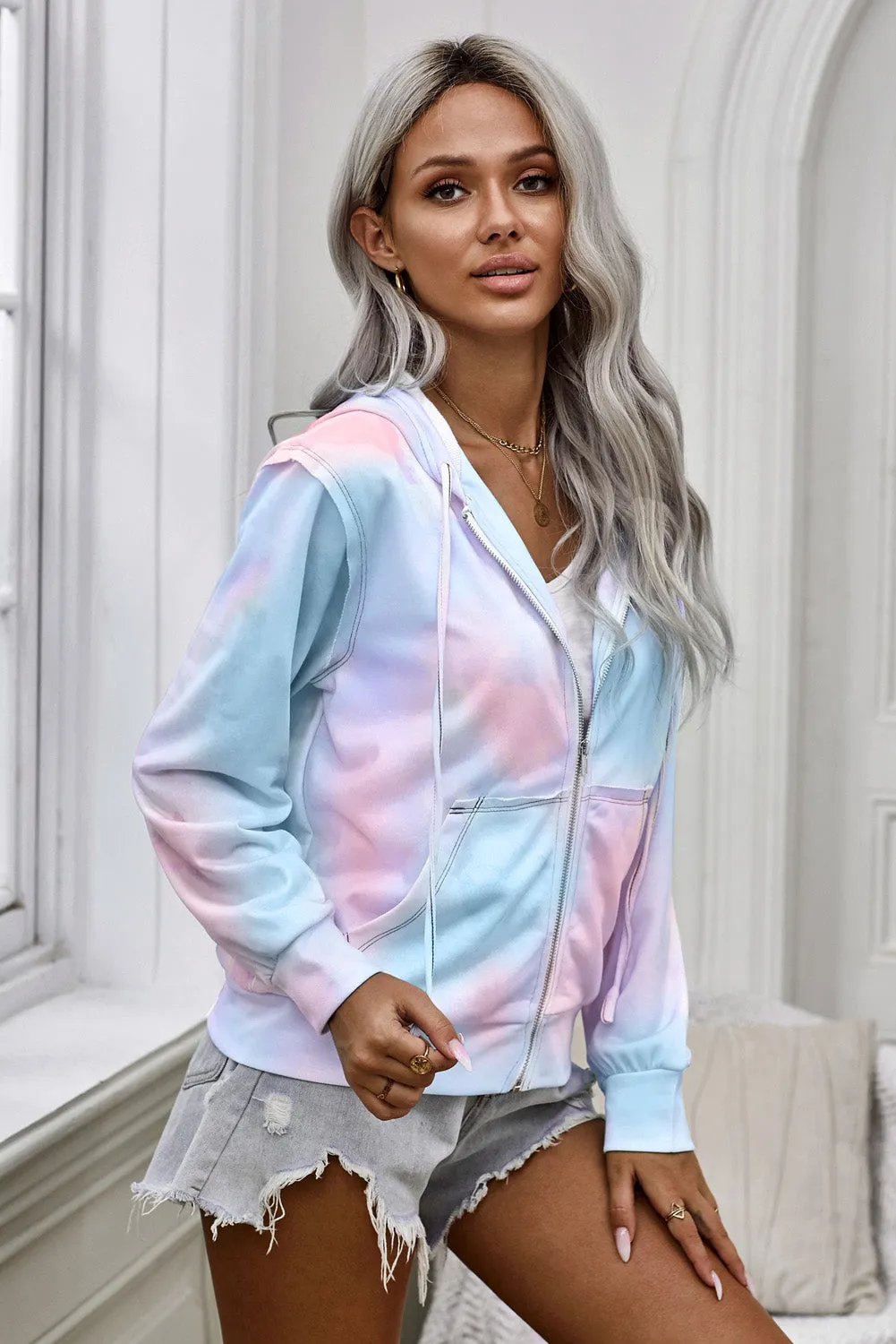 color Tie-dye Pocket Zip Up Hoodie