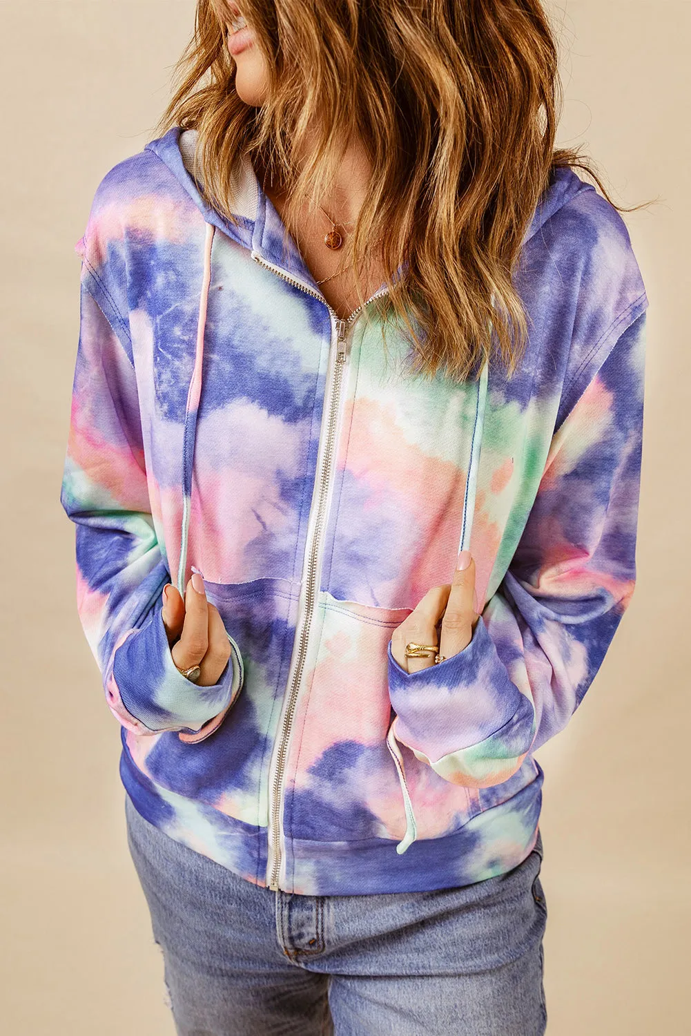 color Tie-dye Pocket Zip Up Hoodie