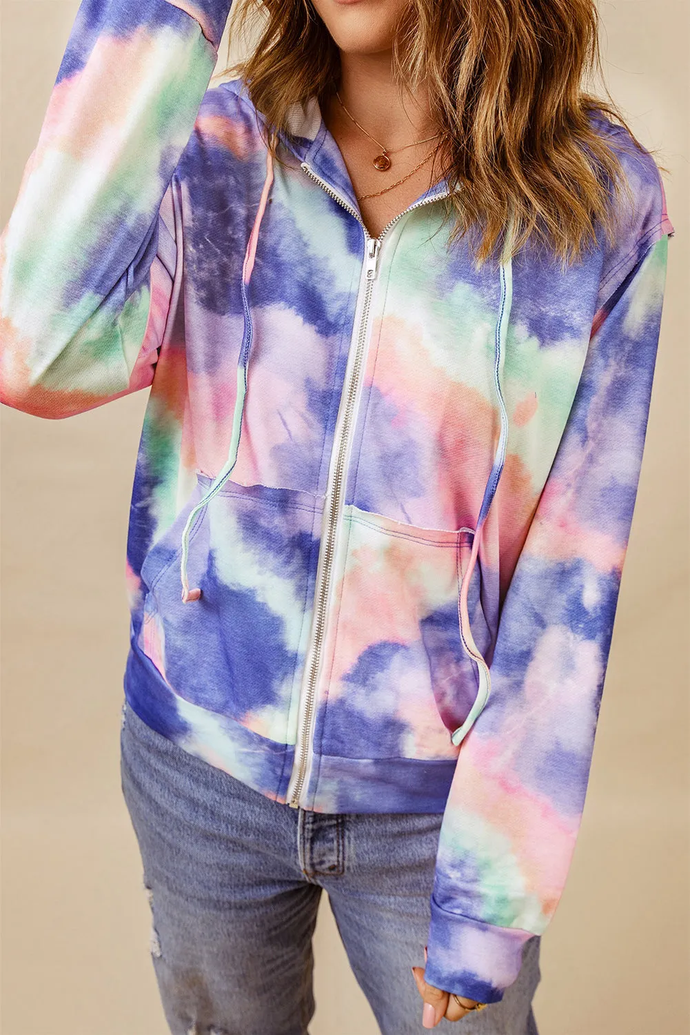 color Tie-dye Pocket Zip Up Hoodie