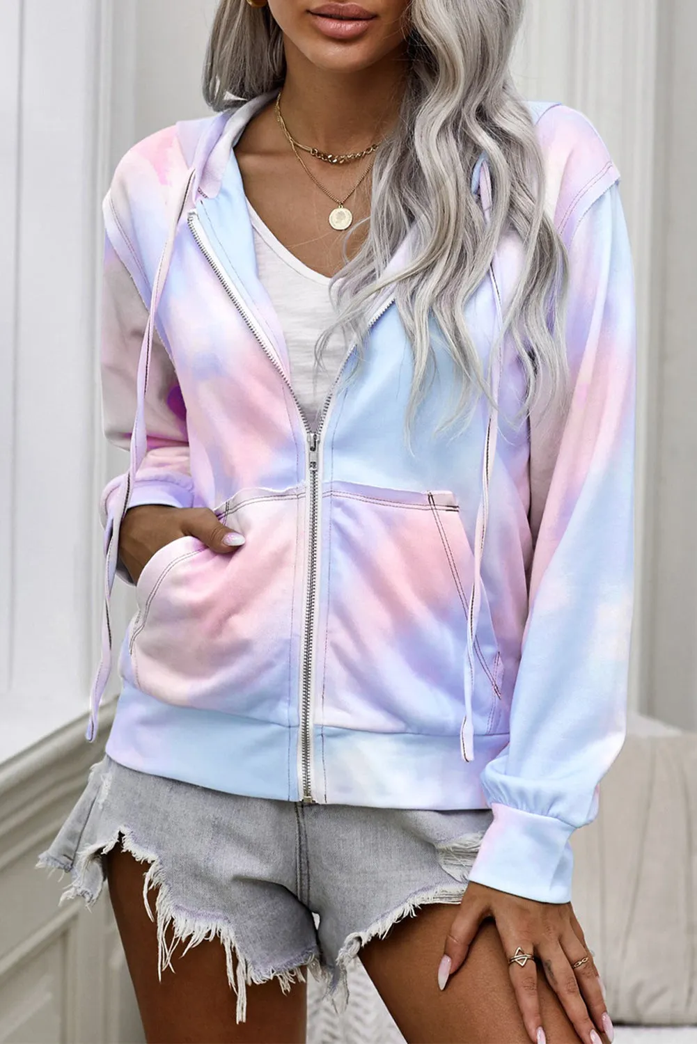 color Tie-dye Pocket Zip Up Hoodie