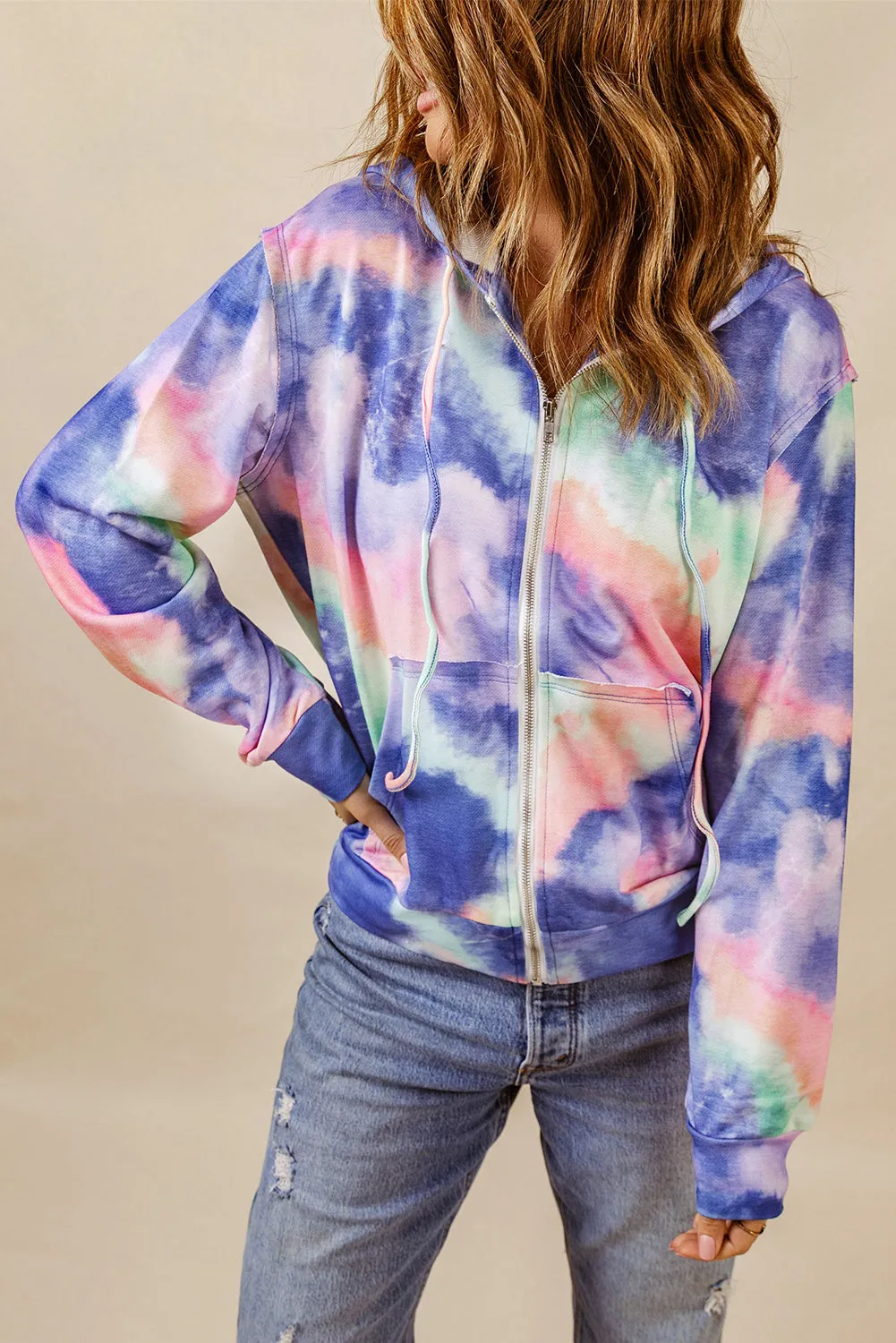 color Tie-dye Pocket Zip Up Hoodie