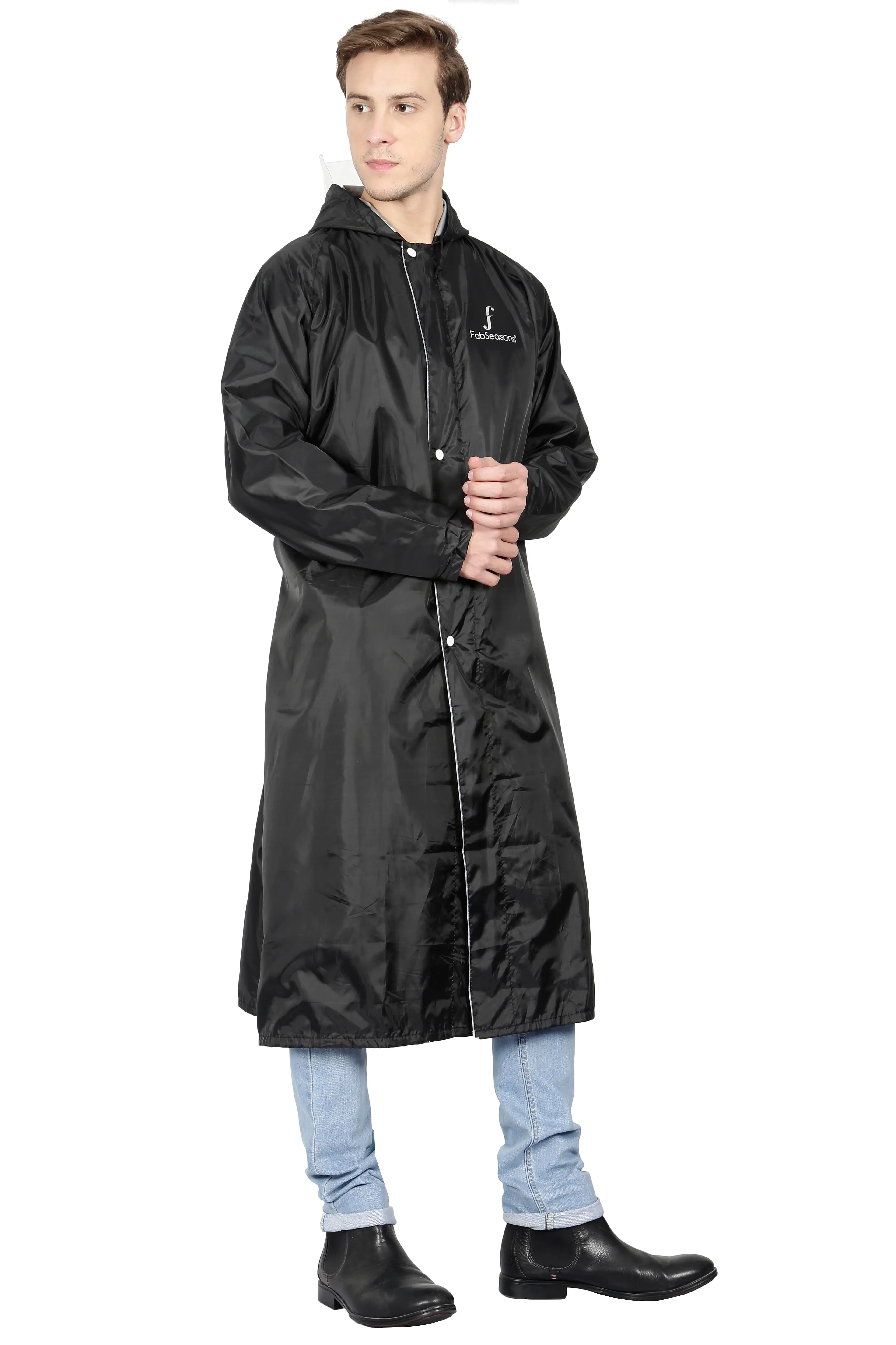 Fabseasons Black Apex High Quality Long Unisex Raincoat -with Adjustable Hood & Reflector at Back