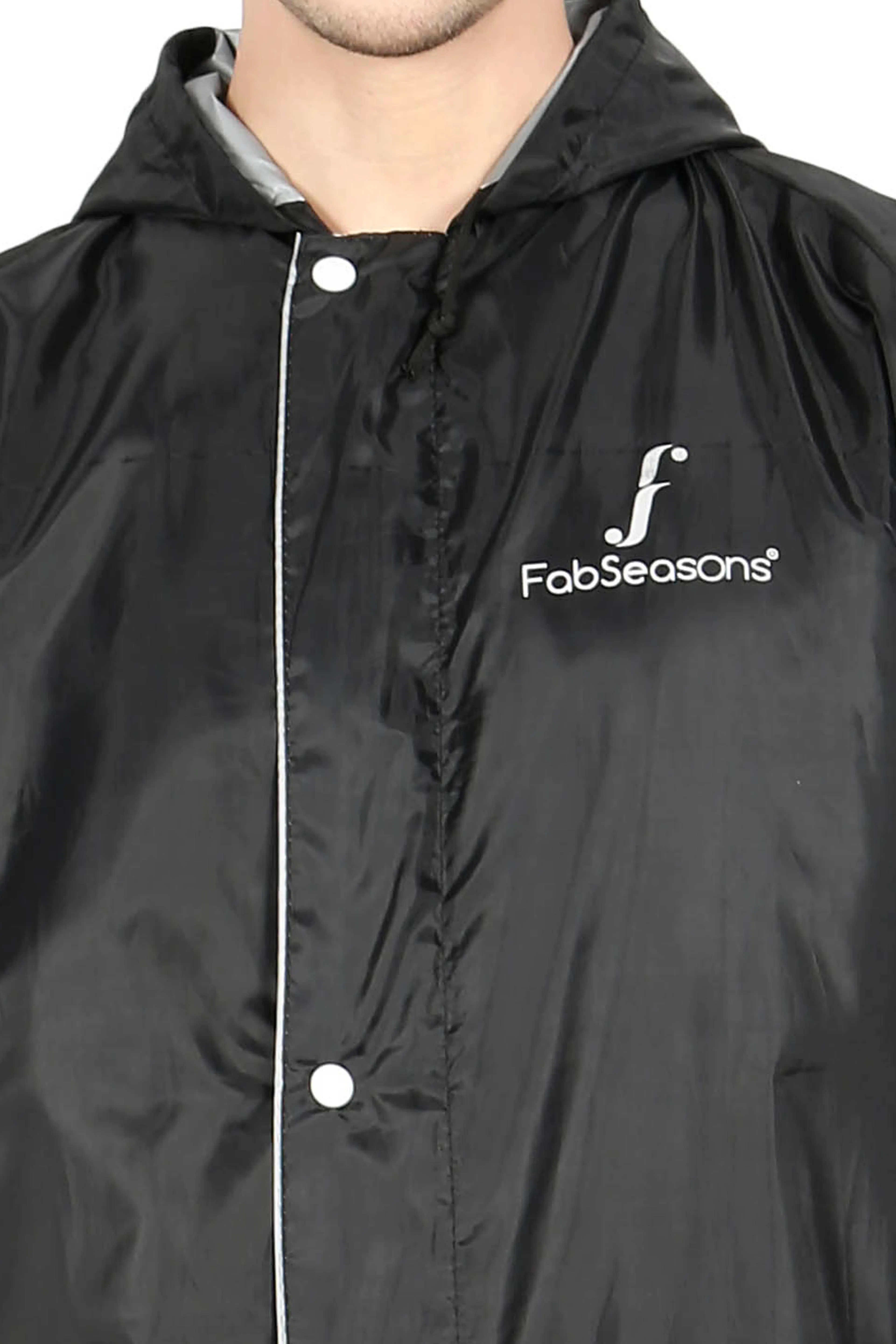 Fabseasons Black Apex High Quality Long Unisex Raincoat -with Adjustable Hood & Reflector at Back