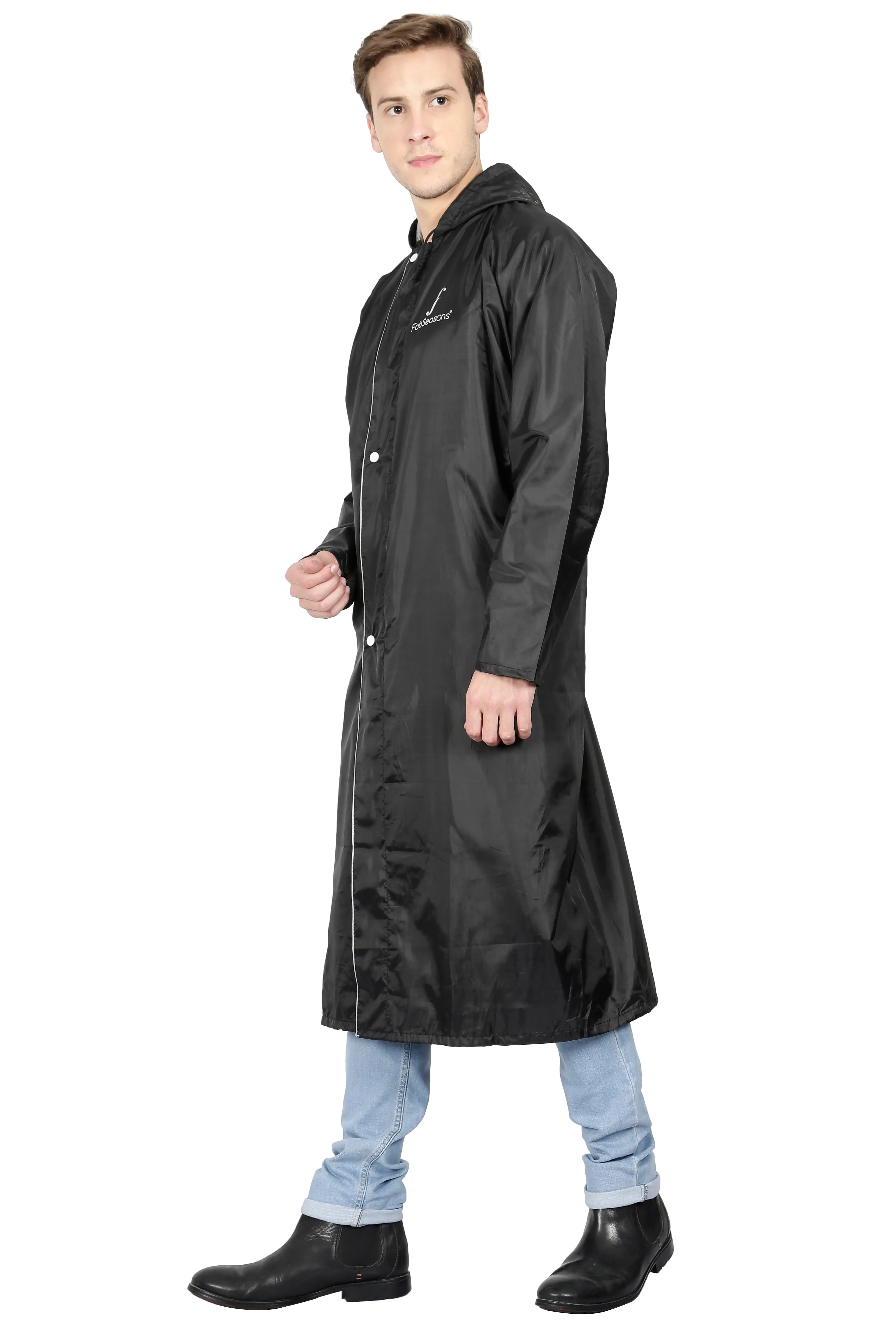 Fabseasons Black Apex High Quality Long Unisex Raincoat -with Adjustable Hood & Reflector at Back