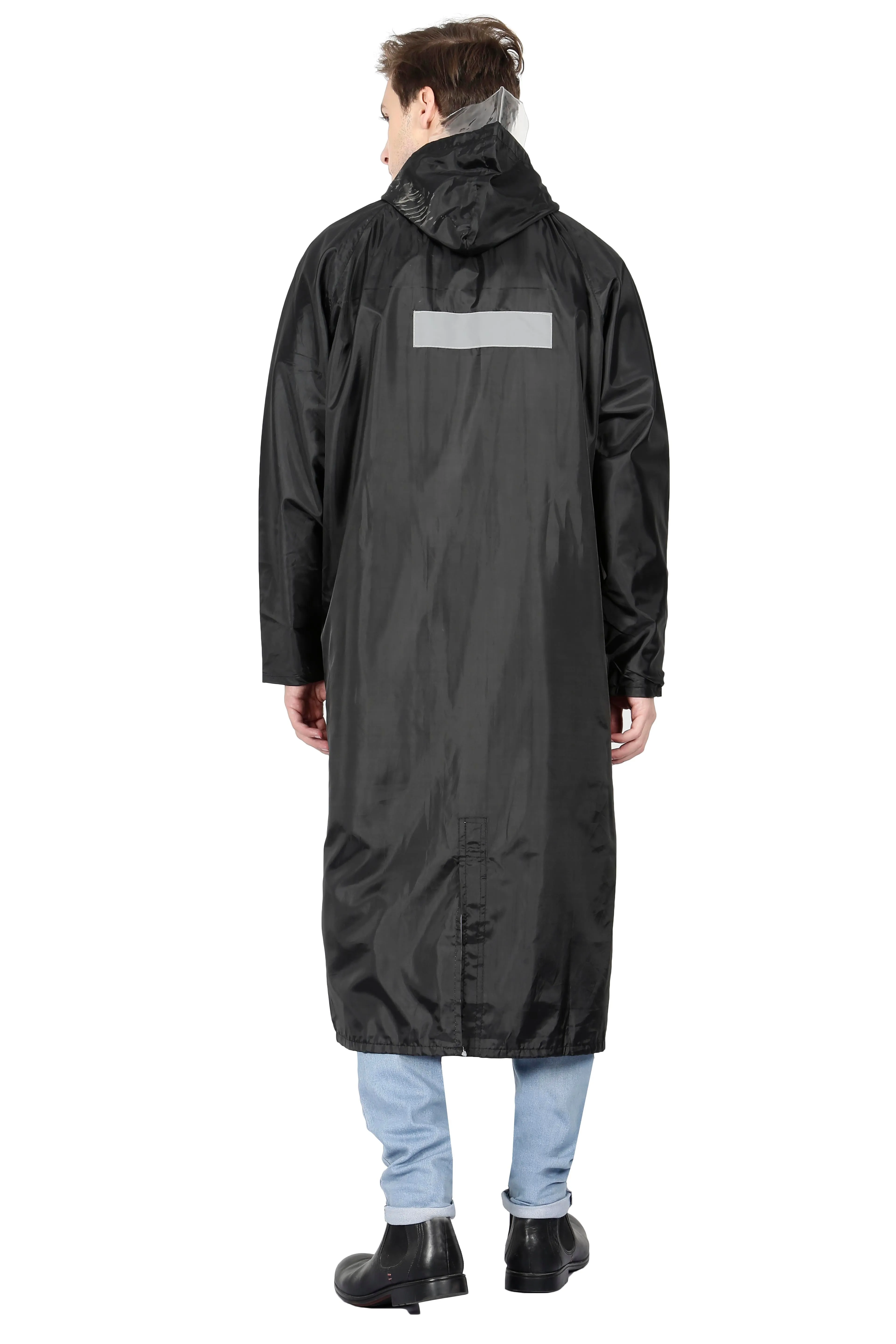 Fabseasons Black Apex High Quality Long Unisex Raincoat -with Adjustable Hood & Reflector at Back