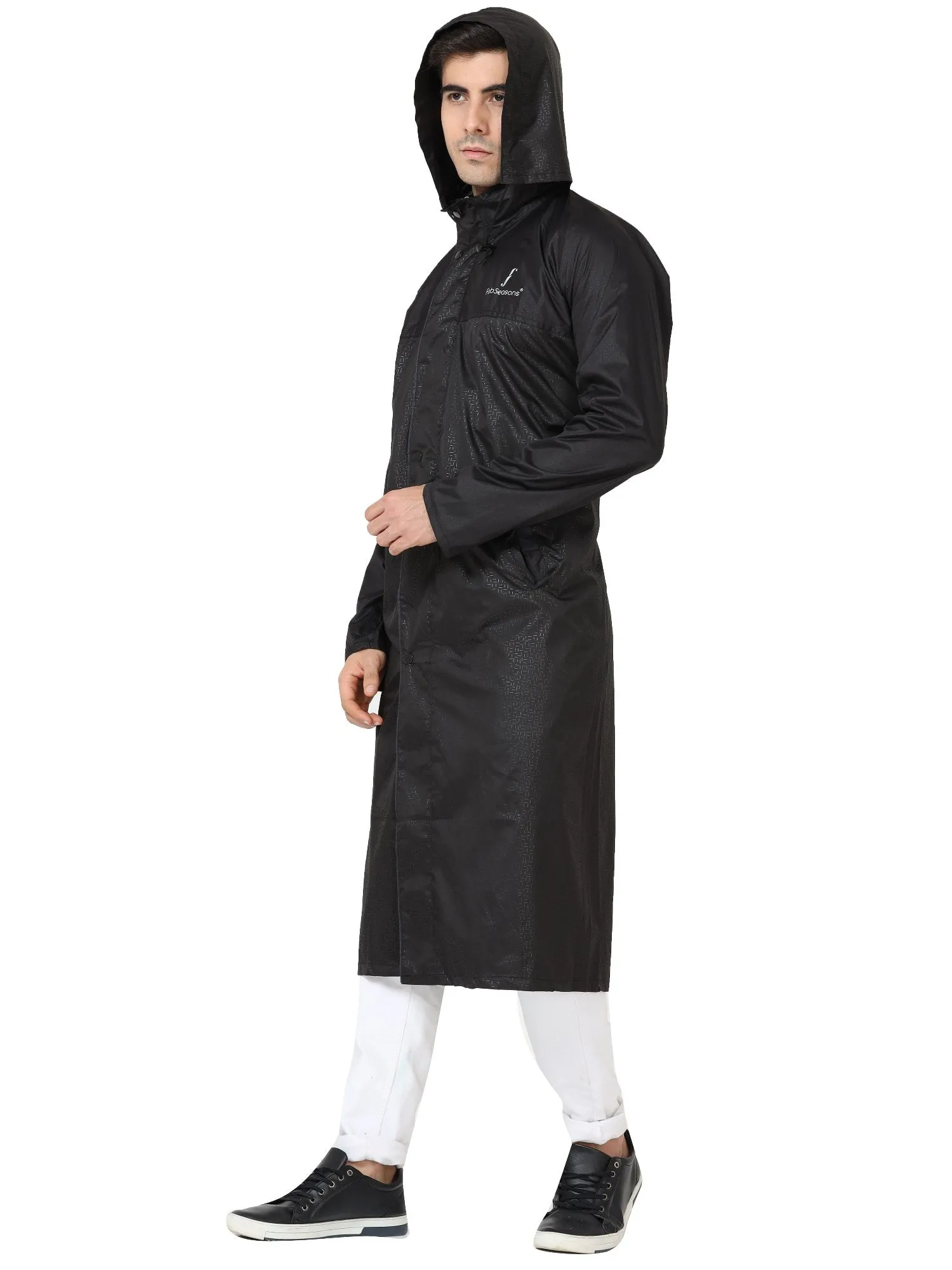 FabSeasons Black printed waterproof Long / Full raincoat with adjustable Hood for men & women.