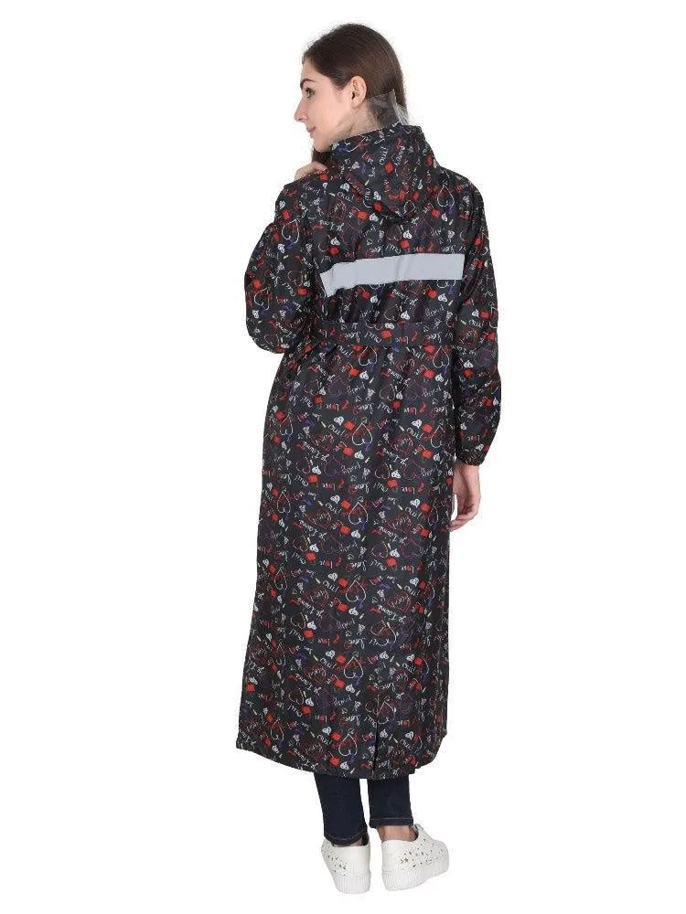 Fabseasons BlackRed Reversible Raincoat for Women Long - Adjustable Hood & Reflector at back