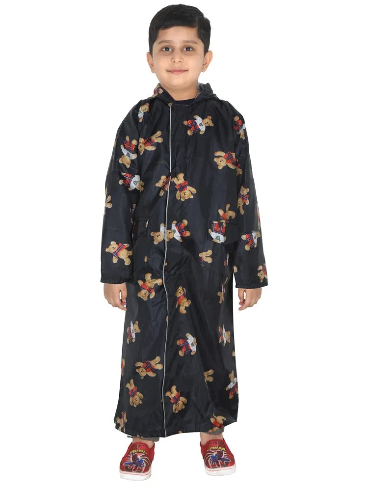 Fabseasons BlackTeddy Printed Waterproof Long - Full Raincoat for Kids with Hood