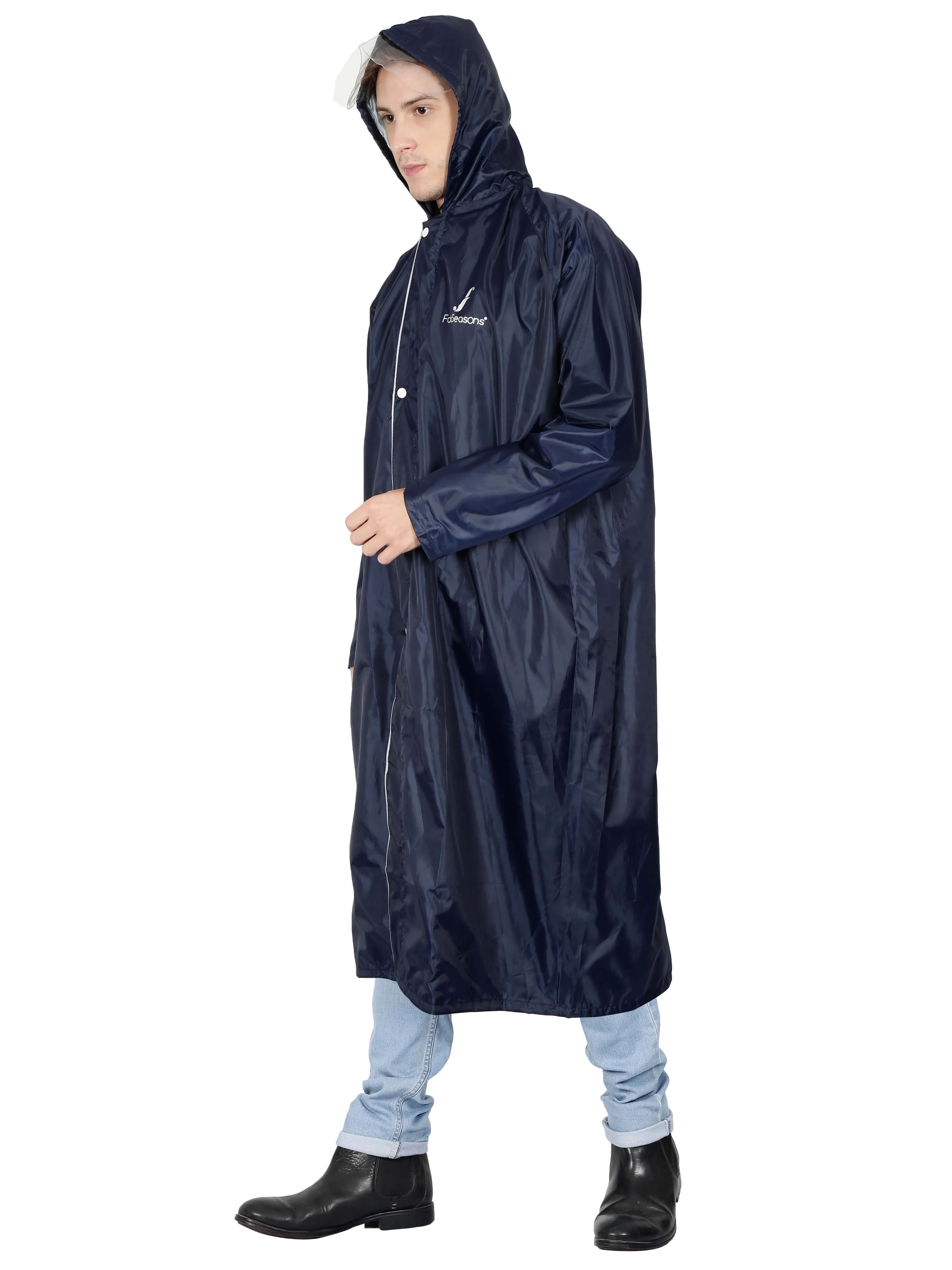 Fabseasons Blue Apex High Quality Long Unisex Raincoat -with Adjustable Hood & Reflector at Back