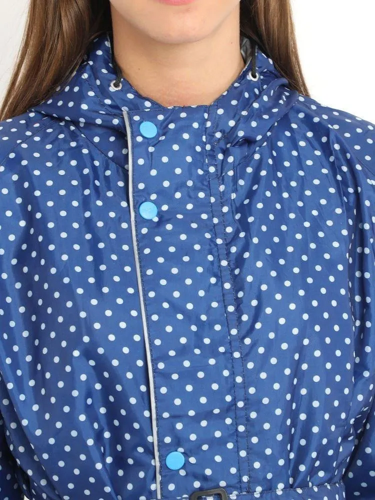 FabSeasons Blue Dots Long Raincoat for women with adjustable Hood and Reflector at back for Night visibility