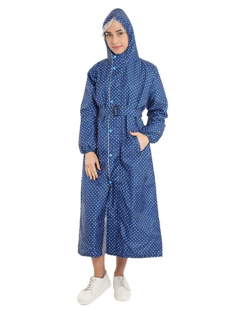 FabSeasons Blue Dots Long Raincoat for women with adjustable Hood and Reflector at back for Night visibility