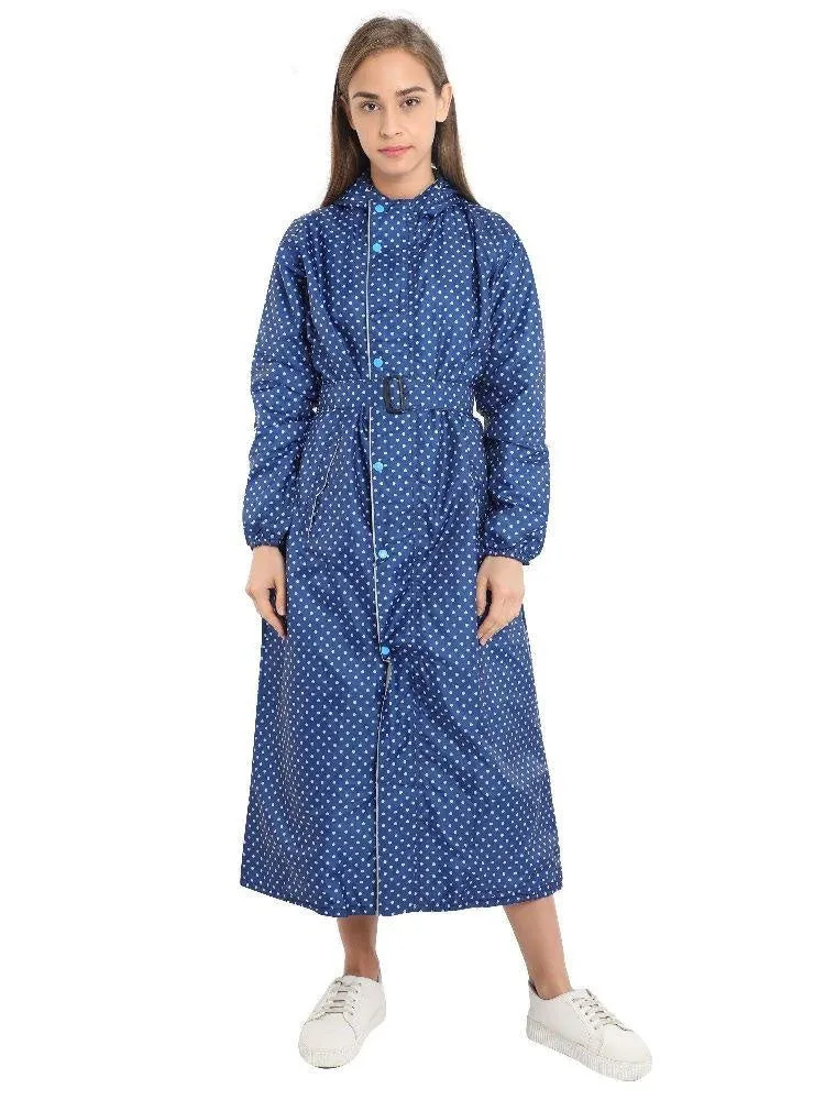 FabSeasons Blue Dots Long Raincoat for women with adjustable Hood and Reflector at back for Night visibility