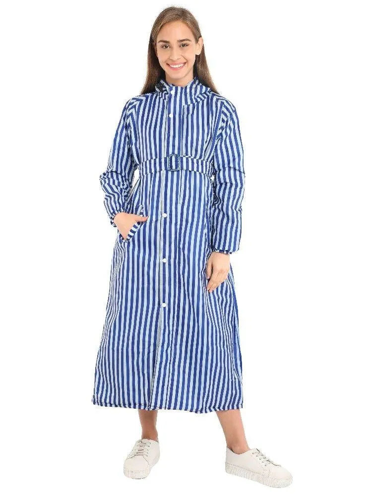 FabSeasons Blue stripes Long Raincoat for women with adjustable Hood & Reflector at back for Night visibility