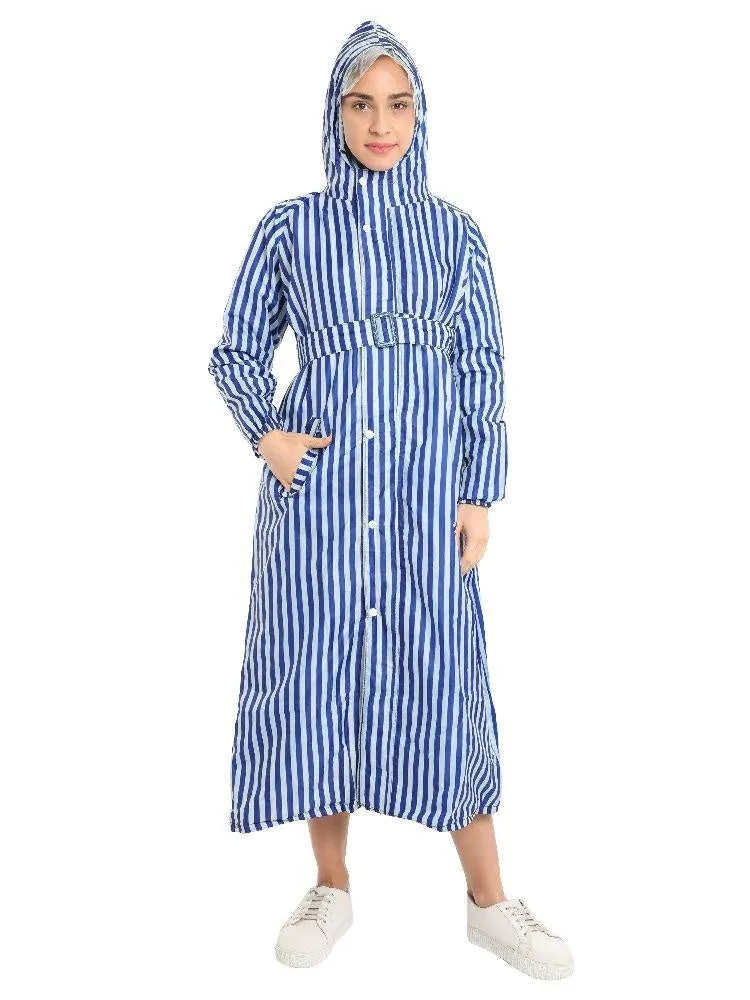 FabSeasons Blue stripes Long Raincoat for women with adjustable Hood & Reflector at back for Night visibility