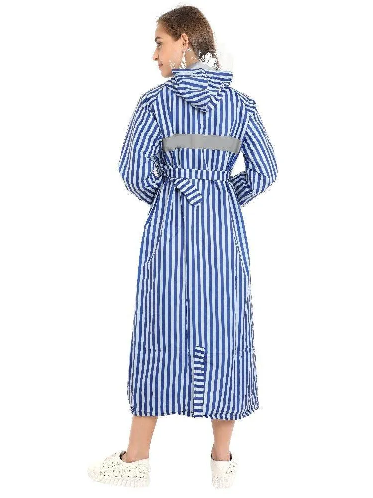 FabSeasons Blue stripes Long Raincoat for women with adjustable Hood & Reflector at back for Night visibility