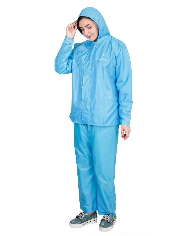 FabSeasons Blue Waterproof Raincoat for women -Adjustable Hood & Reflector at back for Night visibility