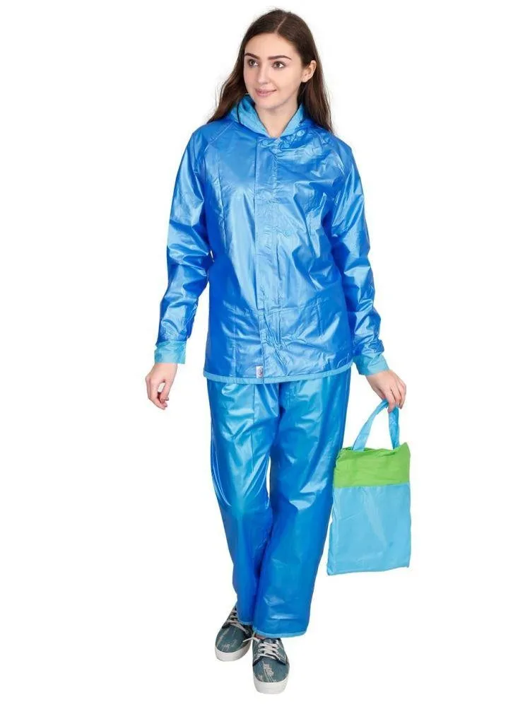 FabSeasons Blue Waterproof Raincoat for women -Adjustable Hood & Reflector at back for Night visibility