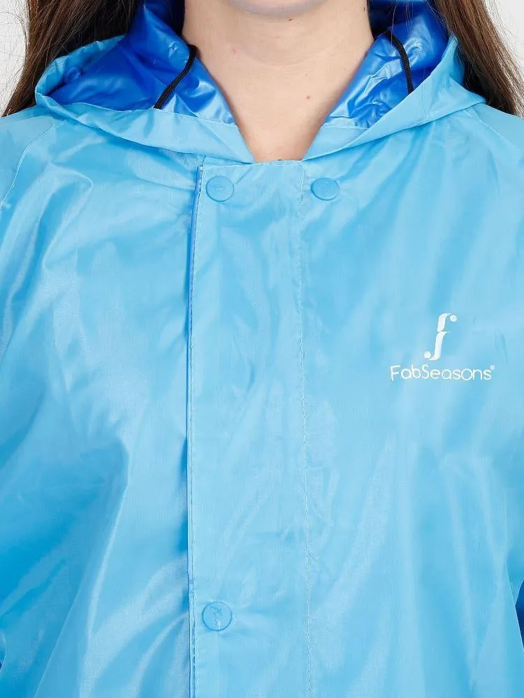 FabSeasons Blue Waterproof Raincoat for women -Adjustable Hood & Reflector at back for Night visibility