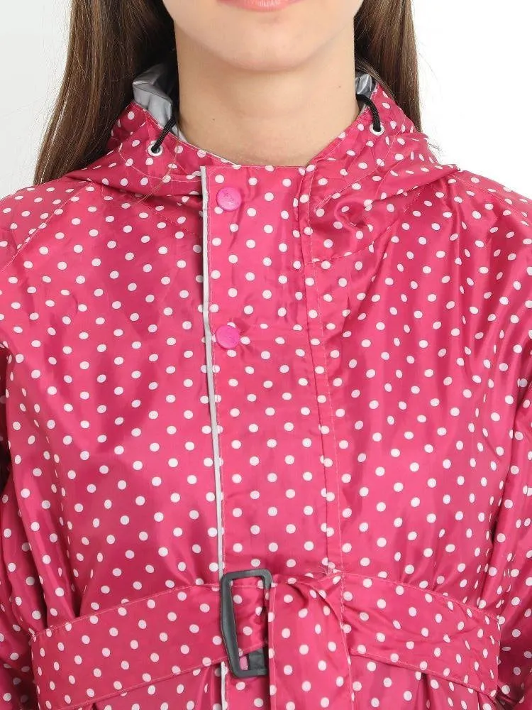 FabSeasons Dark Pink Long Raincoat for women with adjustable Hood and Reflector at back for Night visibility.