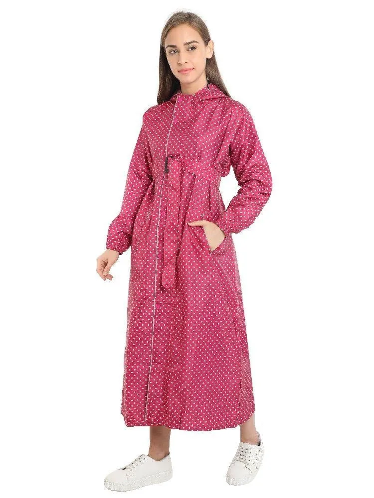 FabSeasons Dark Pink Long Raincoat for women with adjustable Hood and Reflector at back for Night visibility.