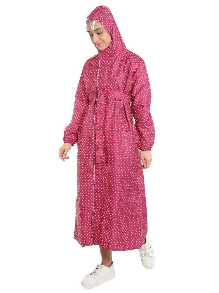 FabSeasons Dark Pink Long Raincoat for women with adjustable Hood and Reflector at back for Night visibility.