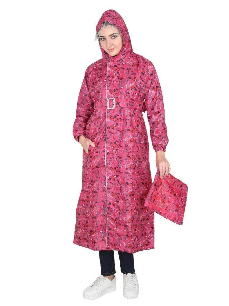 Fabseasons Dark Pink Reversible Raincoat for Women Long -Adjustable Hood & Reflector at back