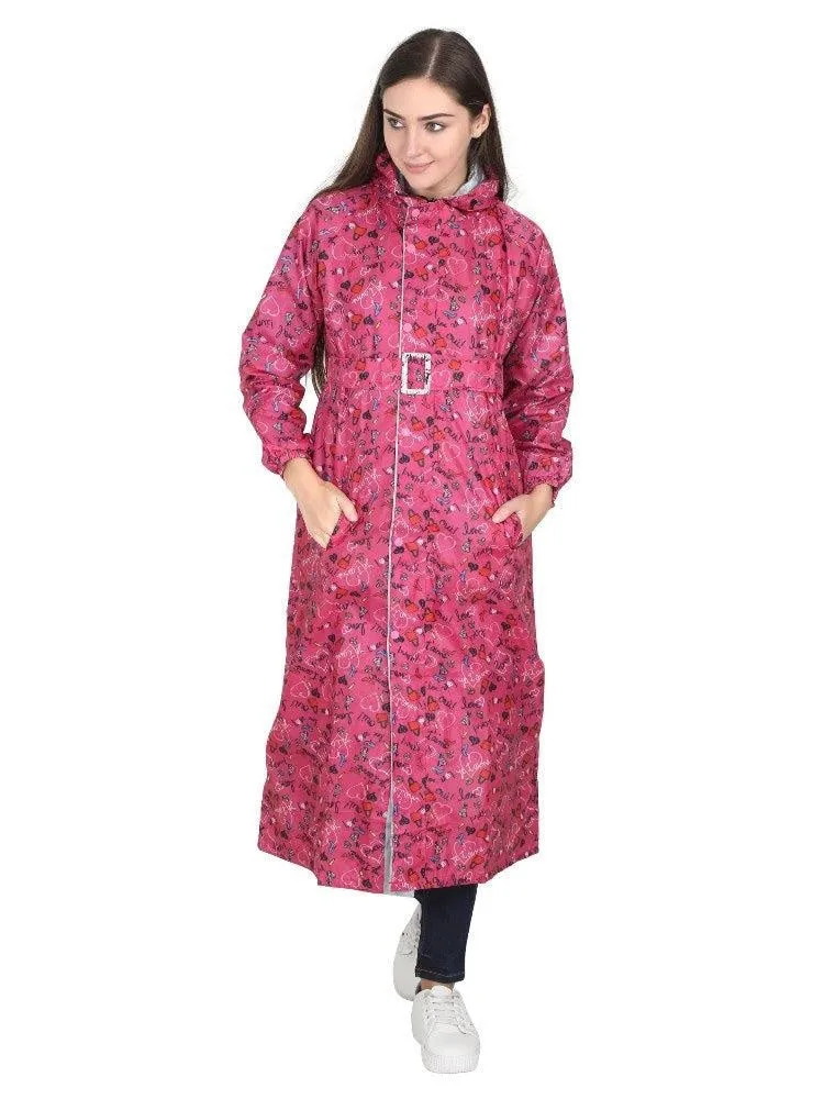 Fabseasons Dark Pink Reversible Raincoat for Women Long -Adjustable Hood & Reflector at back