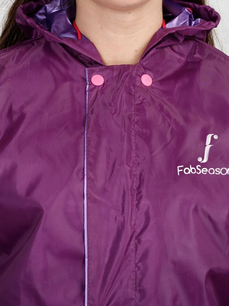 FabSeasons Dark purple Waterproof Raincoat for women -Adjustable Hood & Reflector at back for Night visibility.