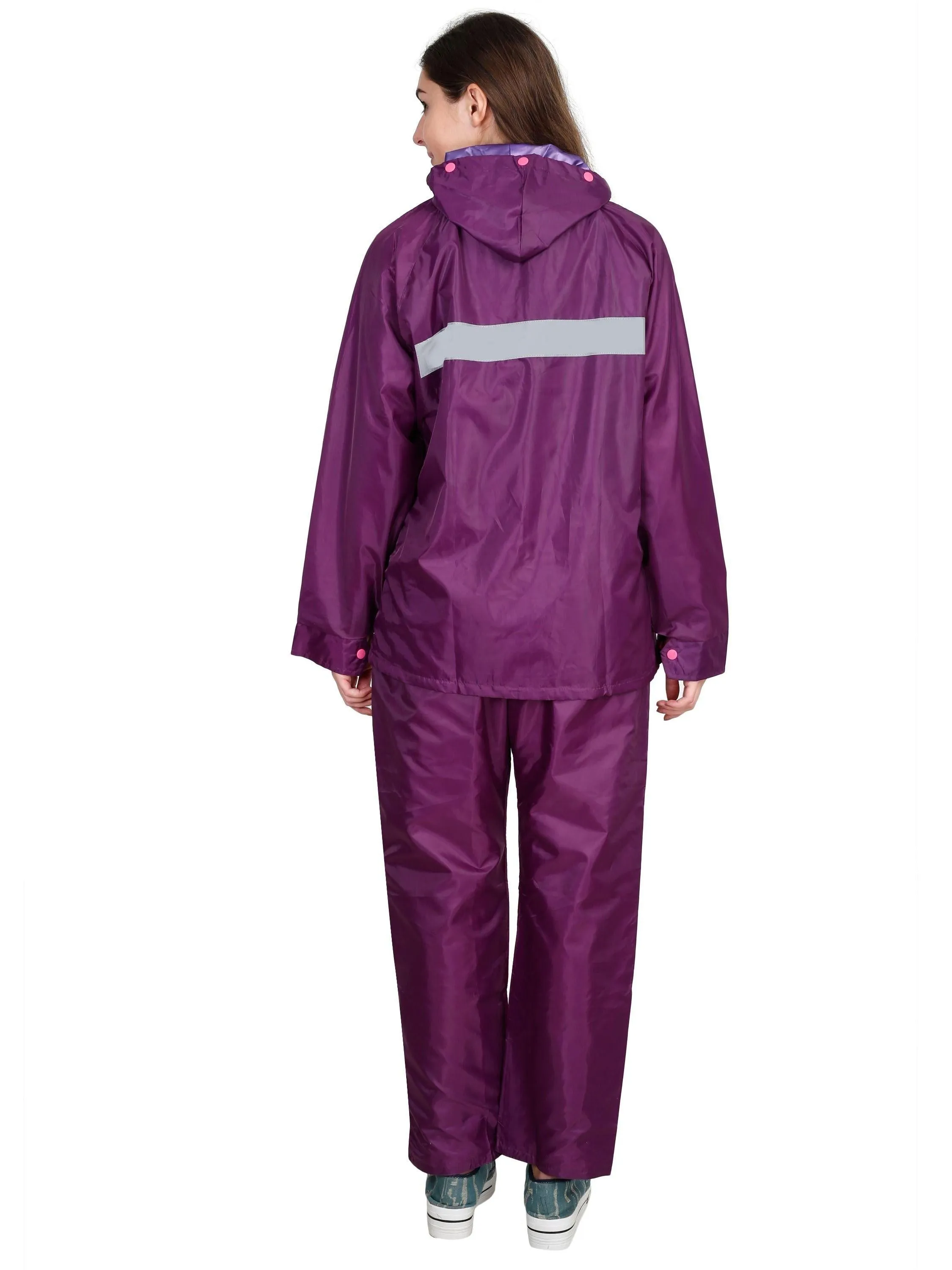 FabSeasons Dark purple Waterproof Raincoat for women -Adjustable Hood & Reflector at back for Night visibility.