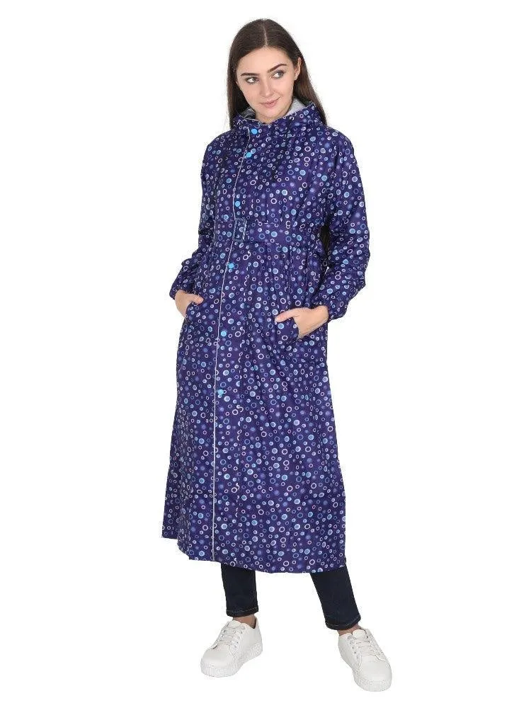 Fabseasons DarkBlue Reversible Raincoat for Women Long - Adjustable Hood & Reflector at back