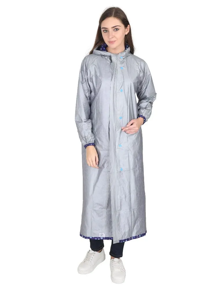 Fabseasons DarkBlue Reversible Raincoat for Women Long - Adjustable Hood & Reflector at back