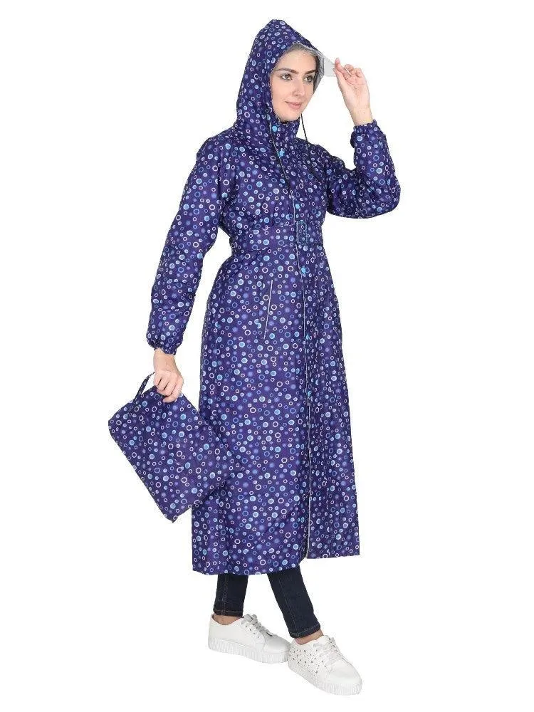 Fabseasons DarkBlue Reversible Raincoat for Women Long - Adjustable Hood & Reflector at back