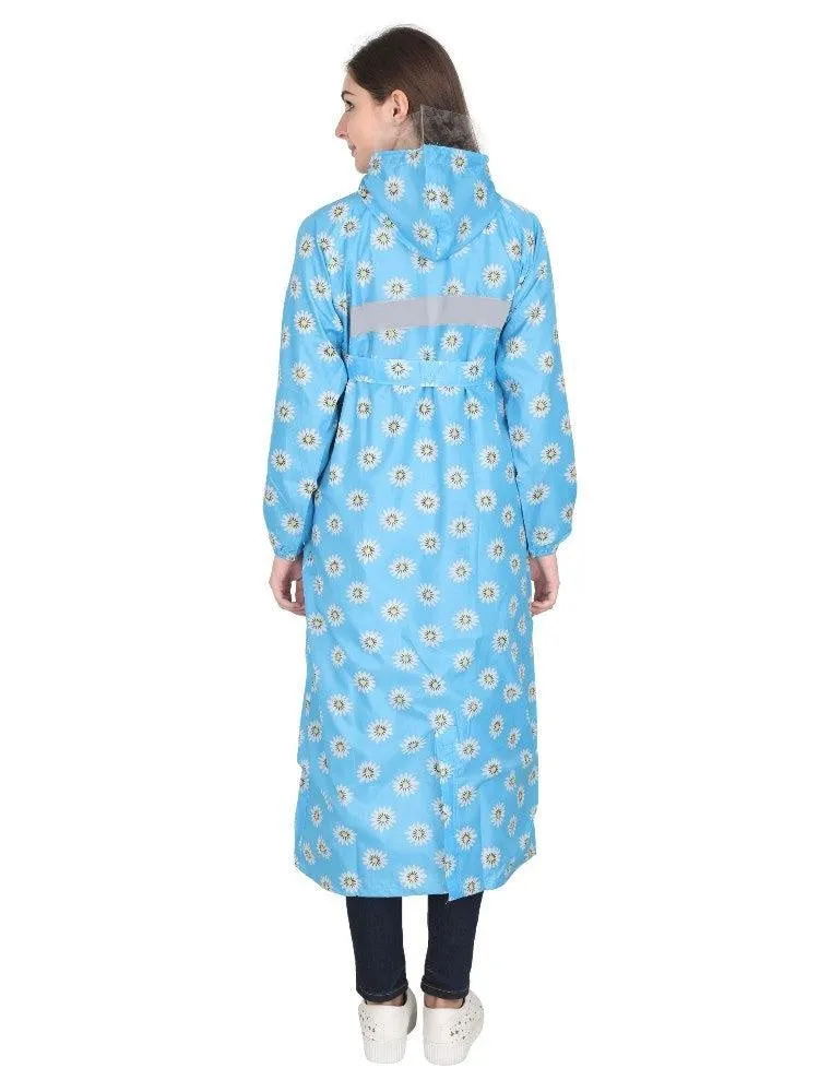 Fabseasons Lightblue Reversible Raincoat for Women Long  -Adjustable Hood & Reflector at back