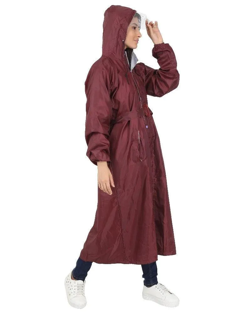 Fabseasons Maroon Raincoat for Women with Adjustable Hood & Reflector for Night visibility