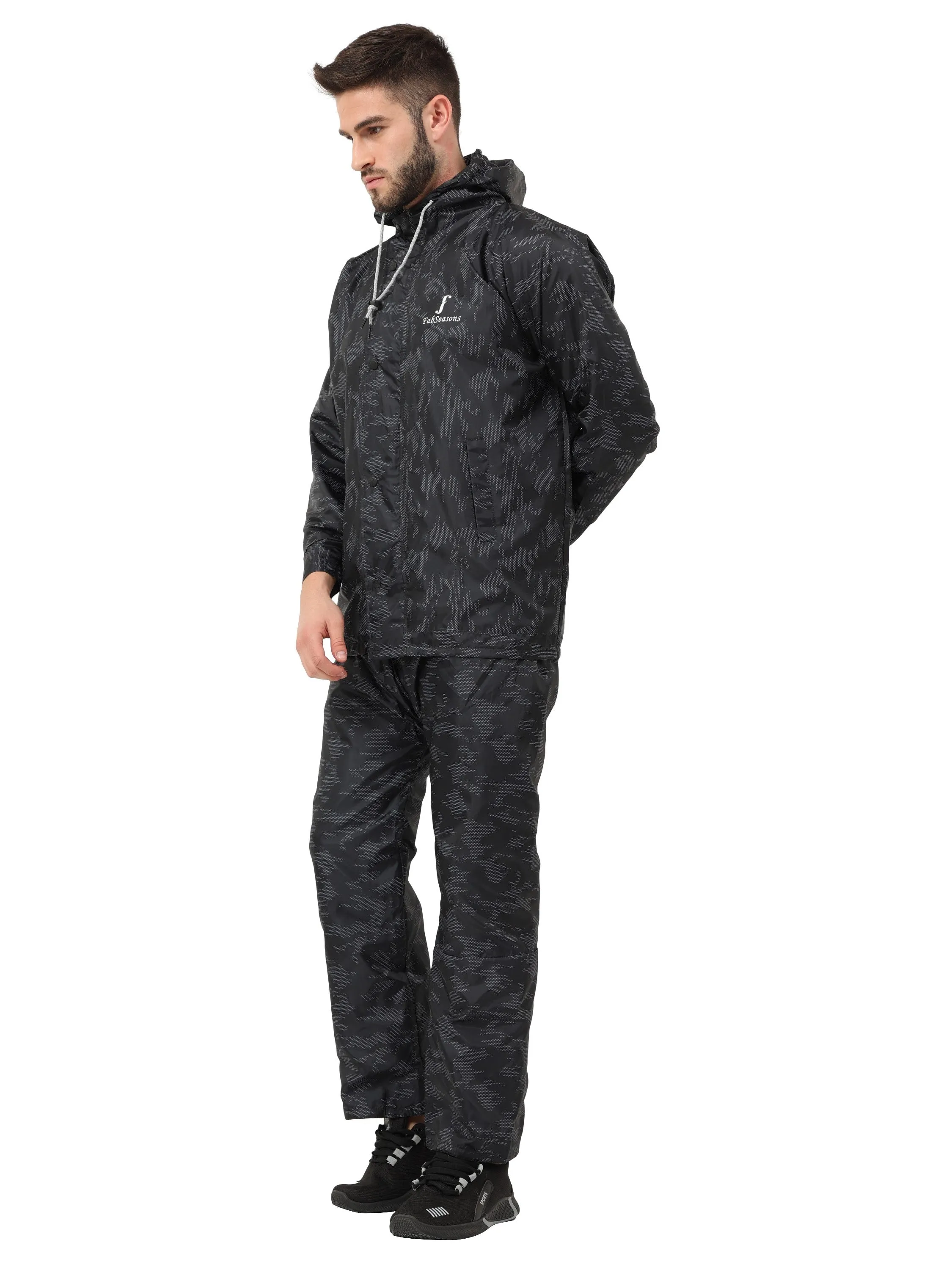 FabSeasons Printed Double Layered Waterproof Unisex Raincoat set of pant & top- Camo Black