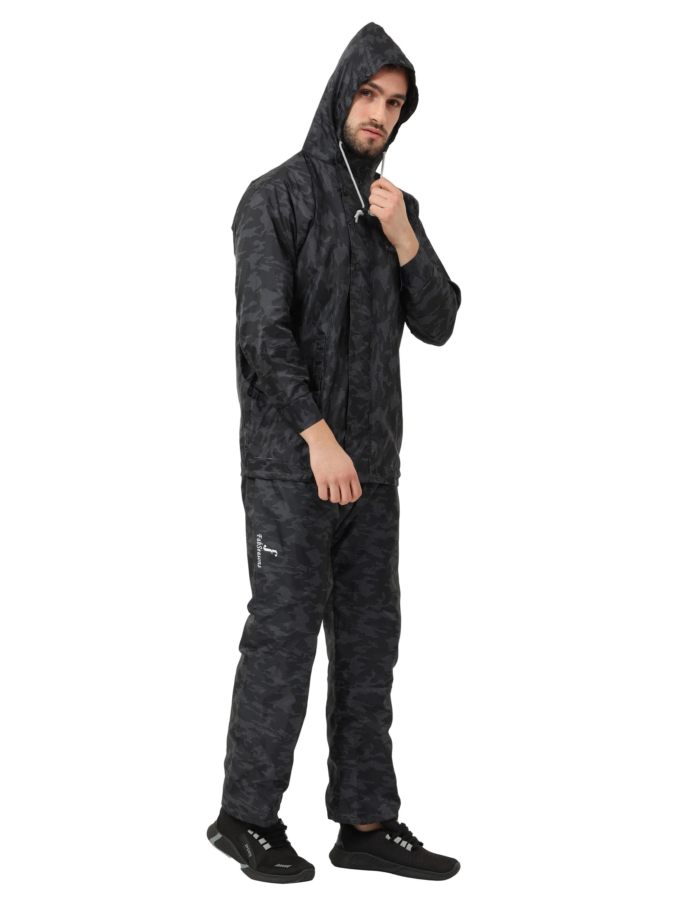 FabSeasons Printed Double Layered Waterproof Unisex Raincoat set of pant & top- Camo Black