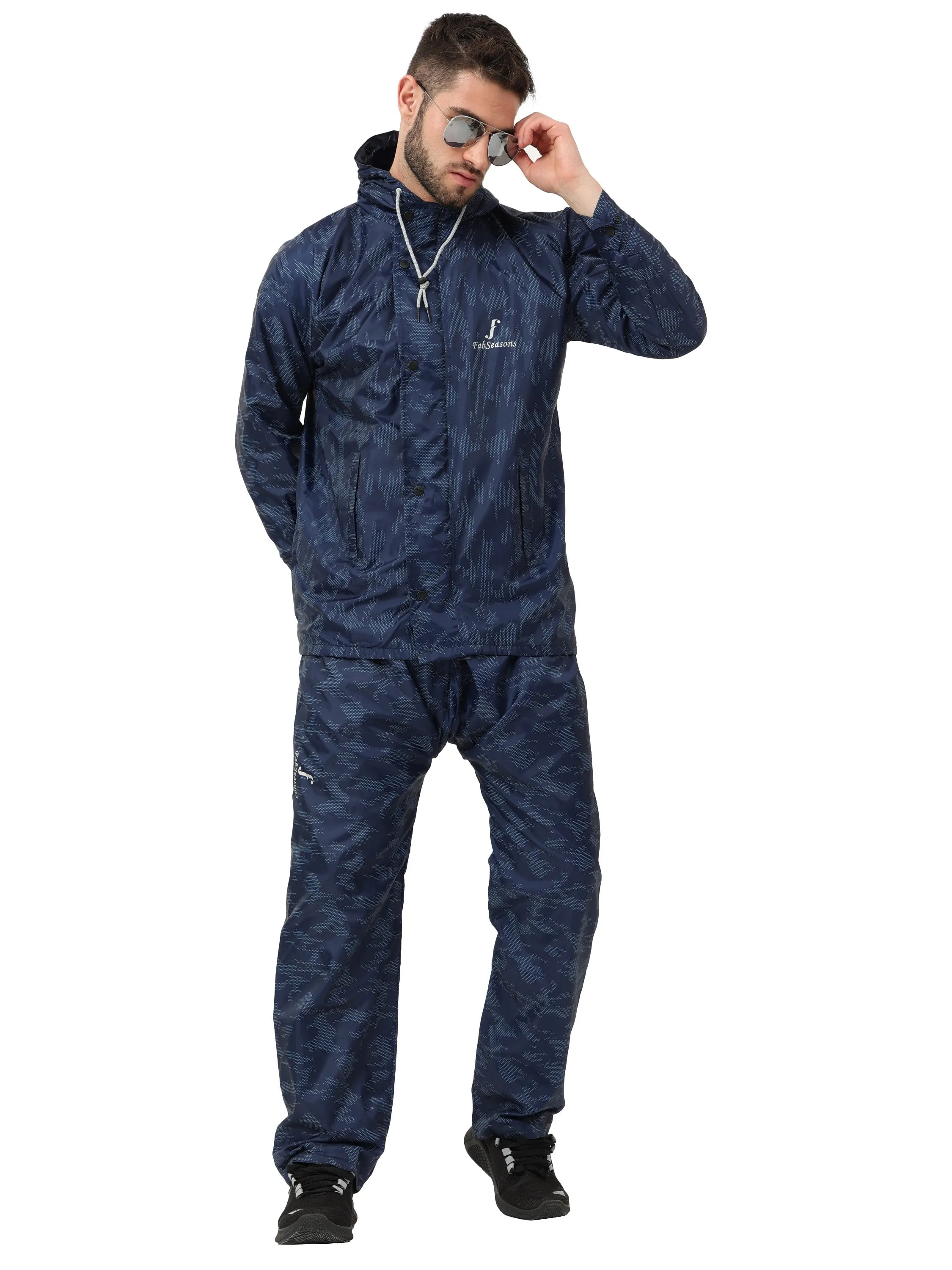 FabSeasons Printed Double Layered Waterproof Unisex Raincoat set of pant & top- Camo Blue