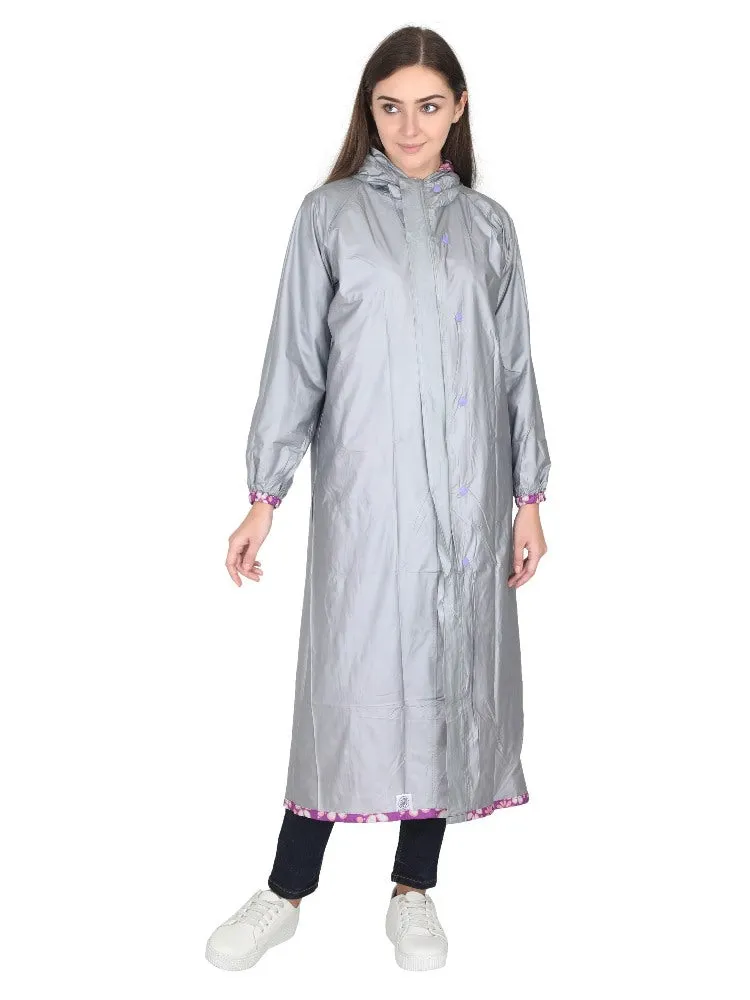 Fabseasons Purple Reversible Raincoat for Women Long- Adjustable Hood & Reflector at back