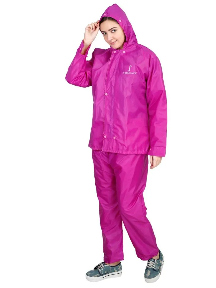 FabSeasons Purple Waterproof Raincoat for women -Adjustable Hood & Reflector at back for Night visibility