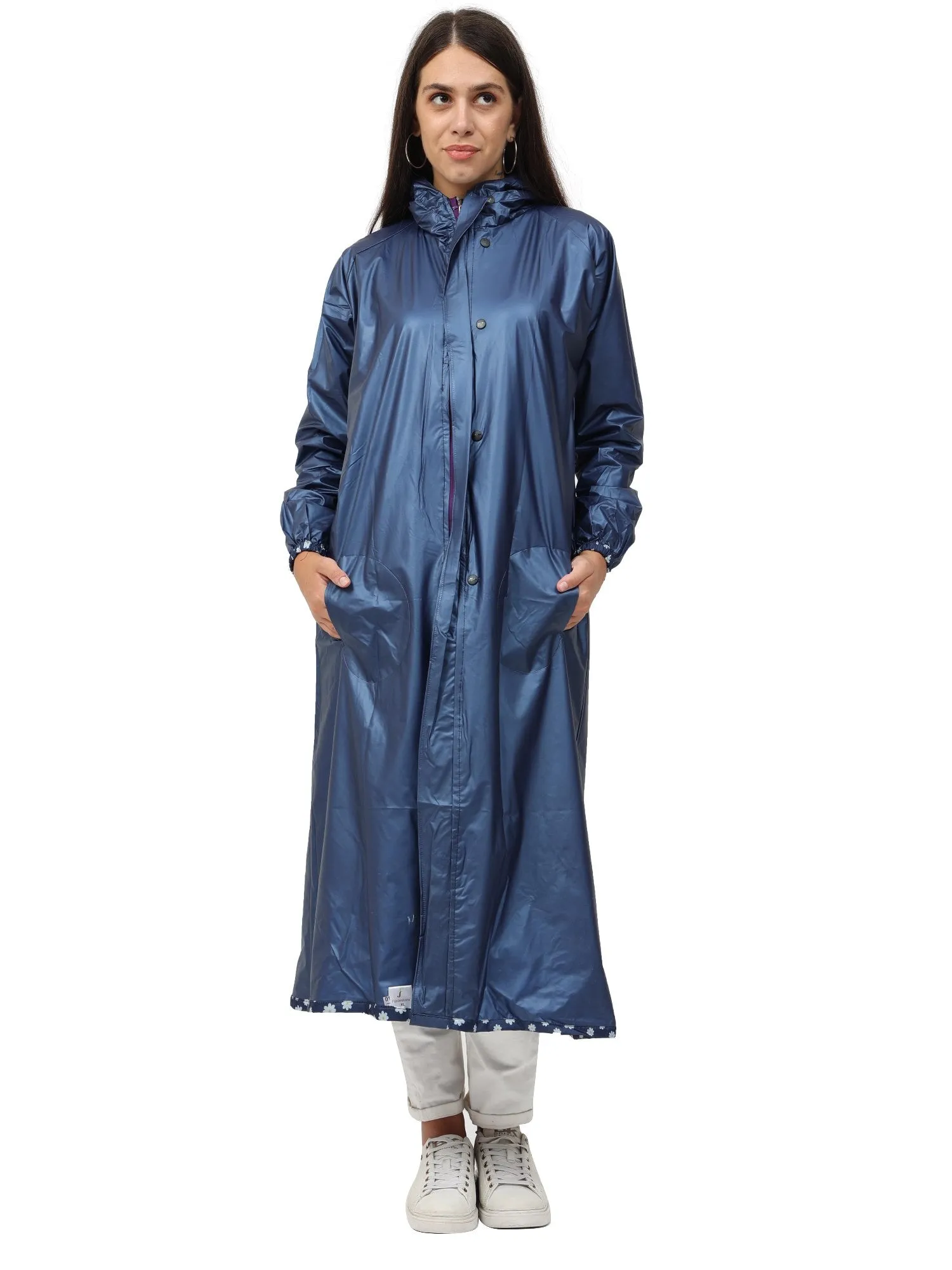 FabSeasons Waterproof Long / Full Raincoat for women with adjustable Hood and Reflector at back for Night visibility.