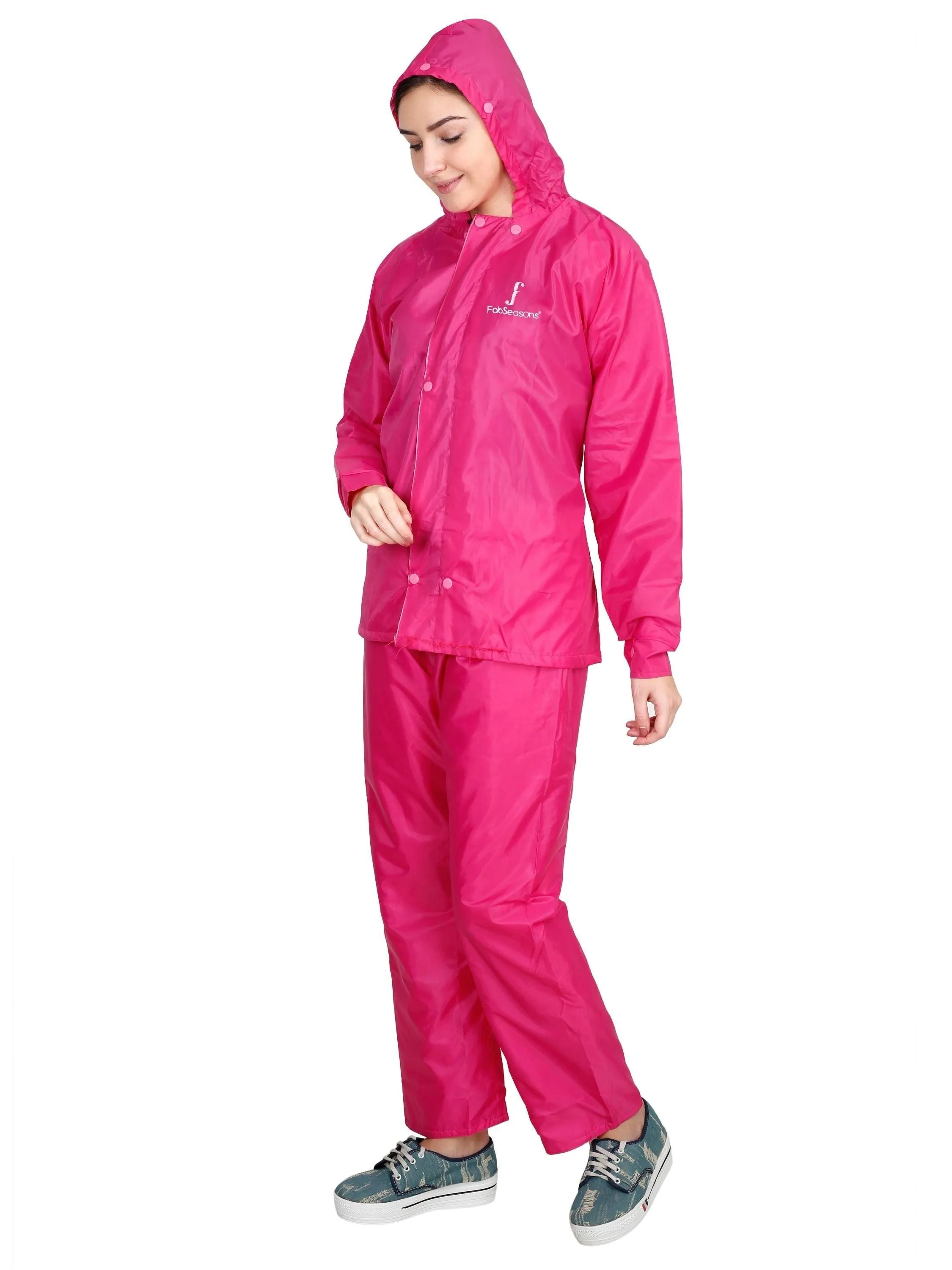 FabSeasons Waterproof Pink Raincoat for women -Adjustable Hood & Reflector at back for Night visibility