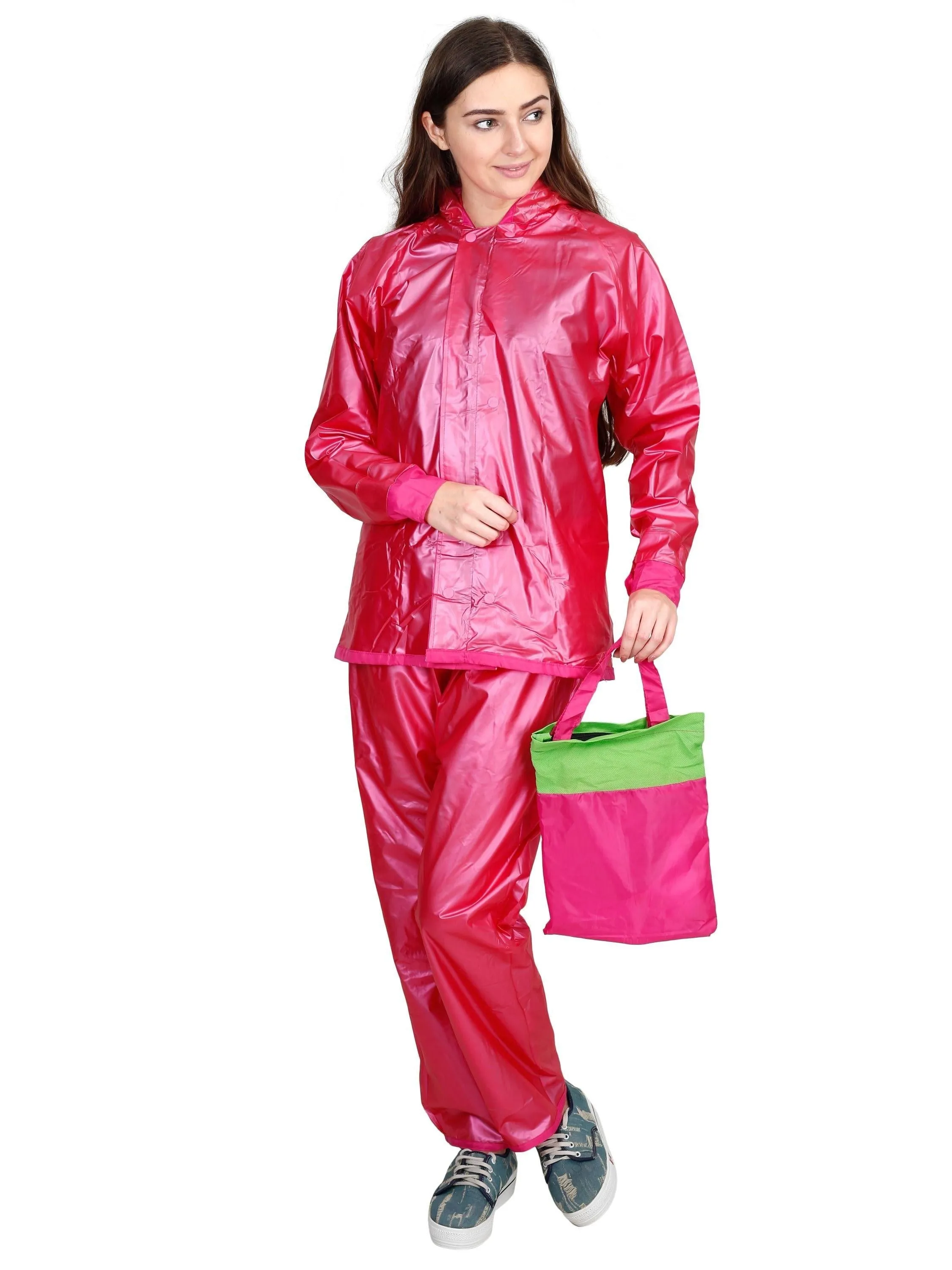 FabSeasons Waterproof Pink Raincoat for women -Adjustable Hood & Reflector at back for Night visibility